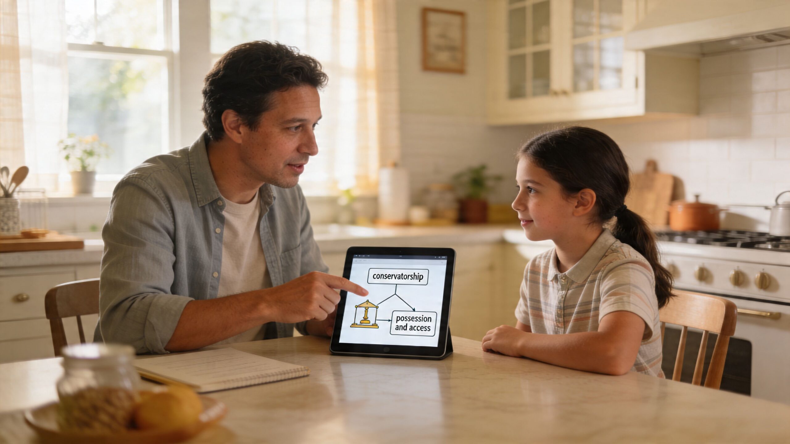 A man explaining the legal concept of conservatorship to a young girl using a tablet diagram.