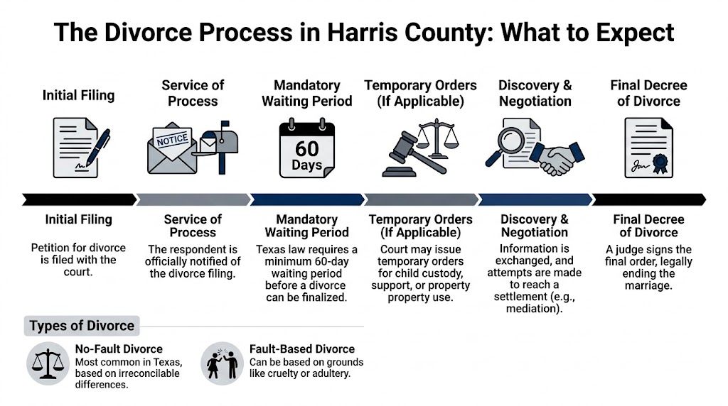 A flowchart infographic explaining the legal steps and types of divorce proceedings in Harris County, Texas.