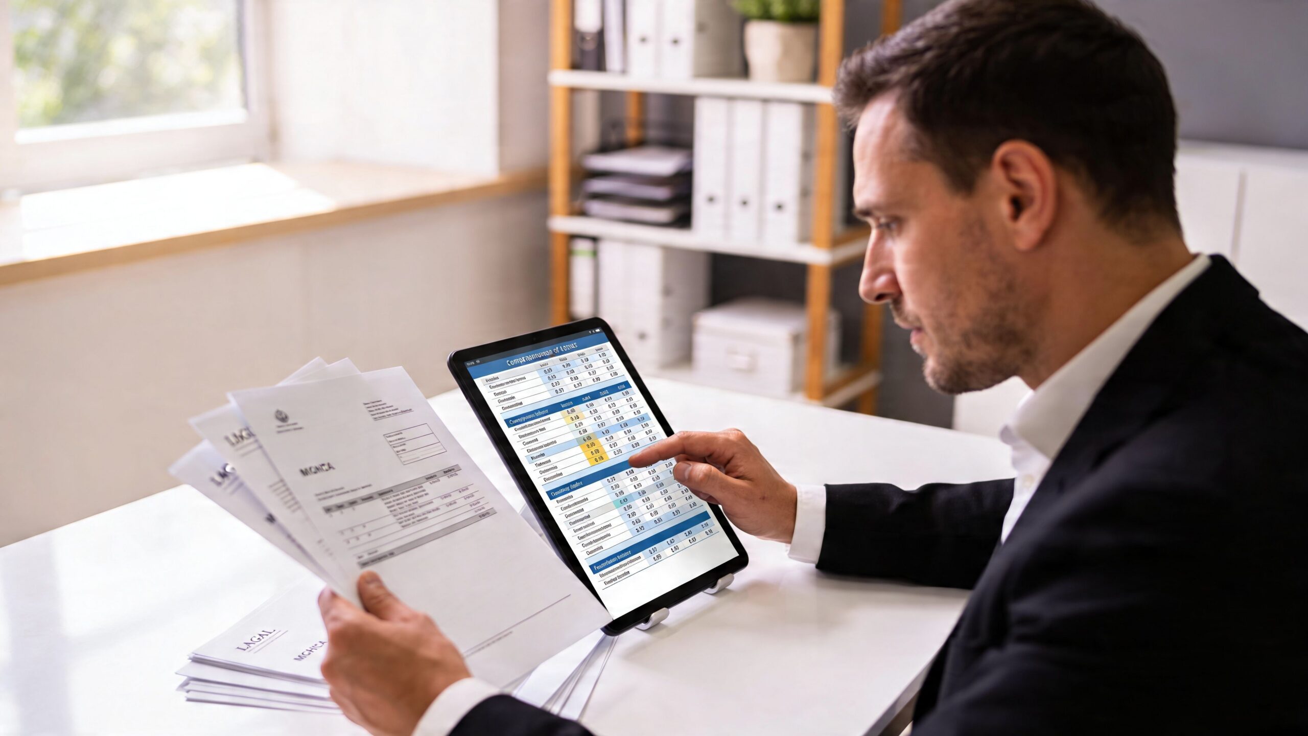 A professional divorce attorney reviewing financial divorce documents and spreadsheets on a digital tablet at his desk.
