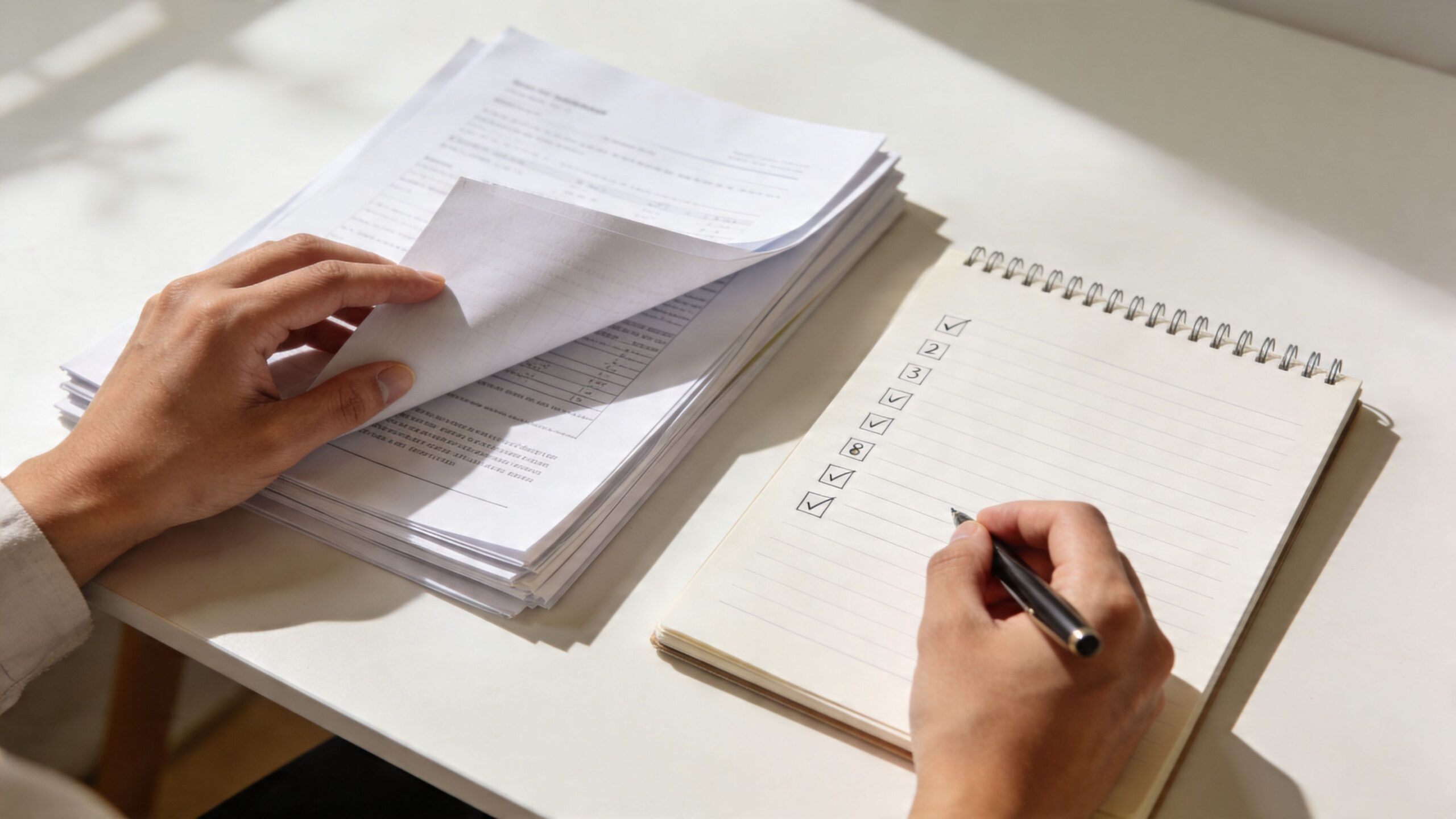 A person reviewing legal documents and checking items off a task list in a spiral notebook.