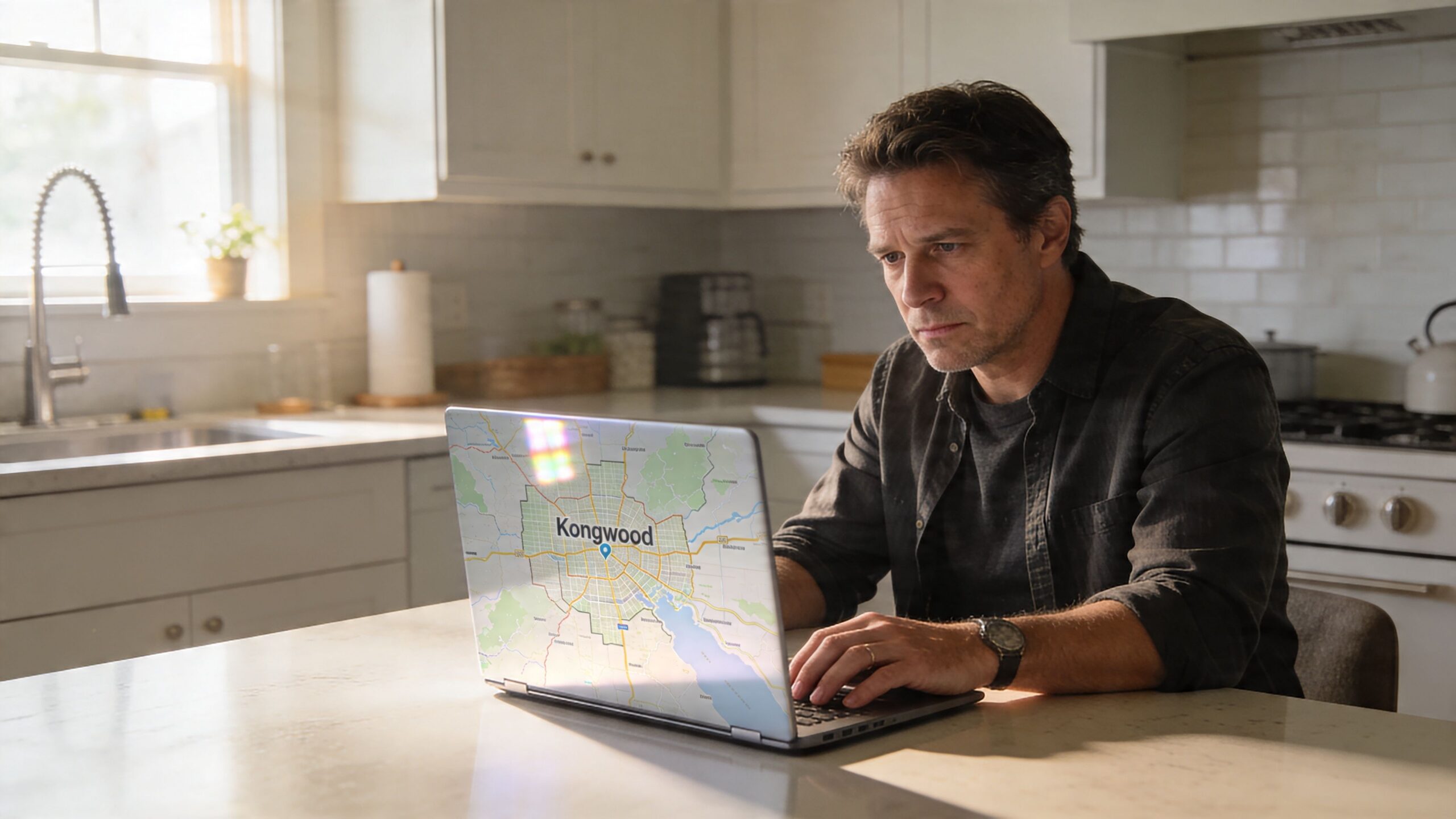 A middle-aged man sitting at a kitchen island, focused on his laptop displaying a map of Kingwood.