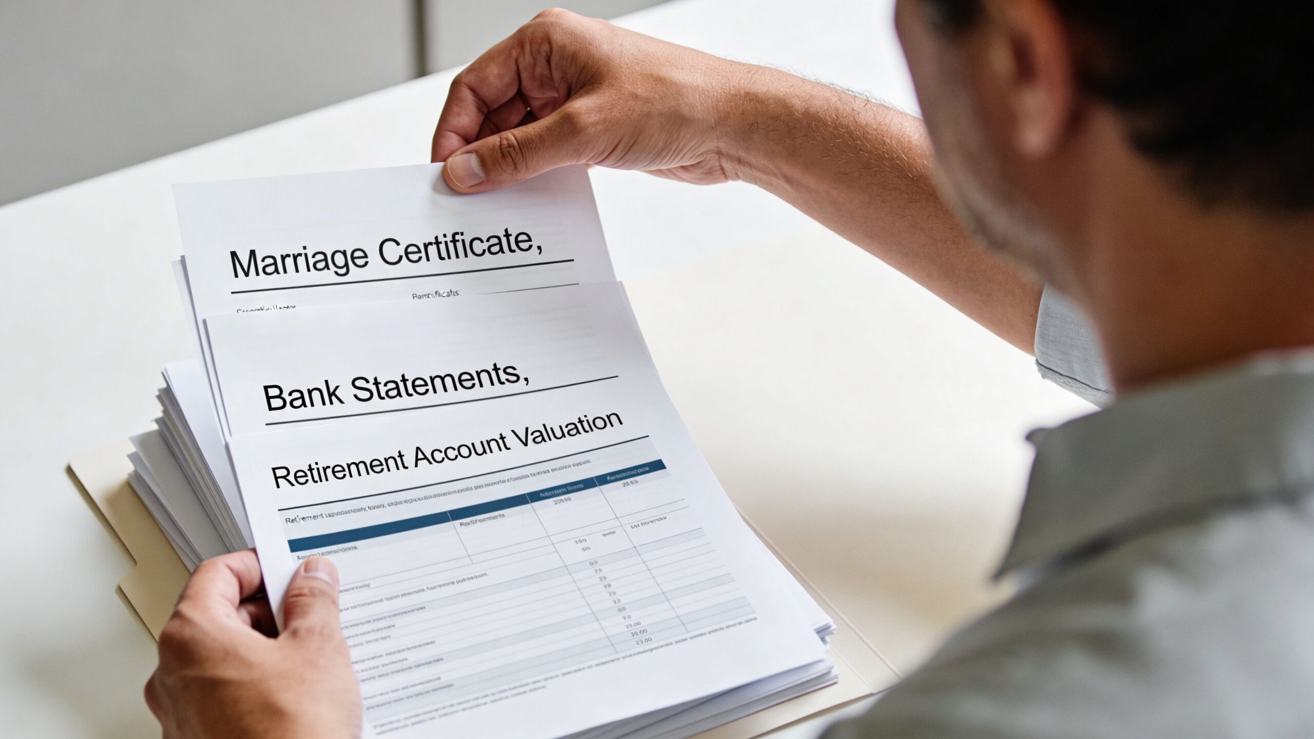 A person organizing legal documents including a marriage certificate, bank statements, and retirement account valuation forms.