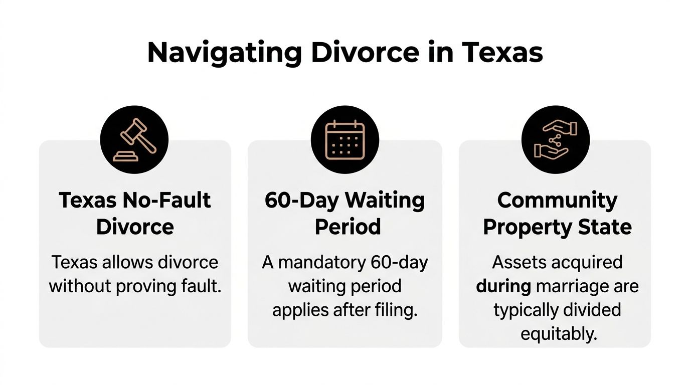 A helpful graphic outlining the key legal requirements and procedures for navigating a divorce in Texas.