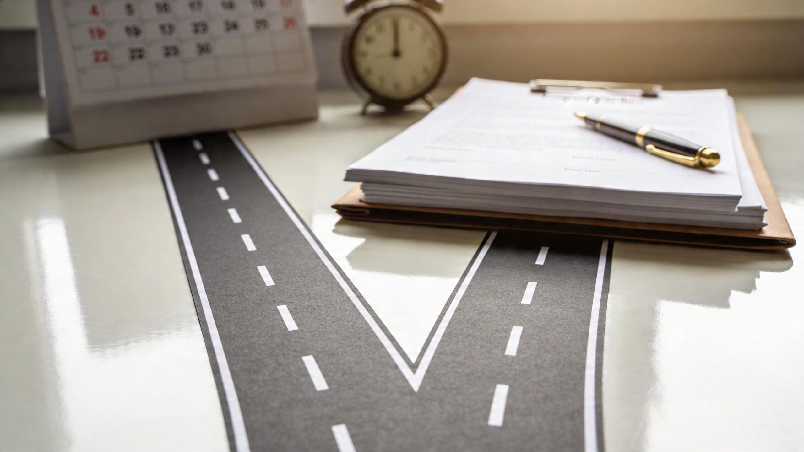 A conceptual desk setup showing a road branching into two directions with papers and a calendar nearby.