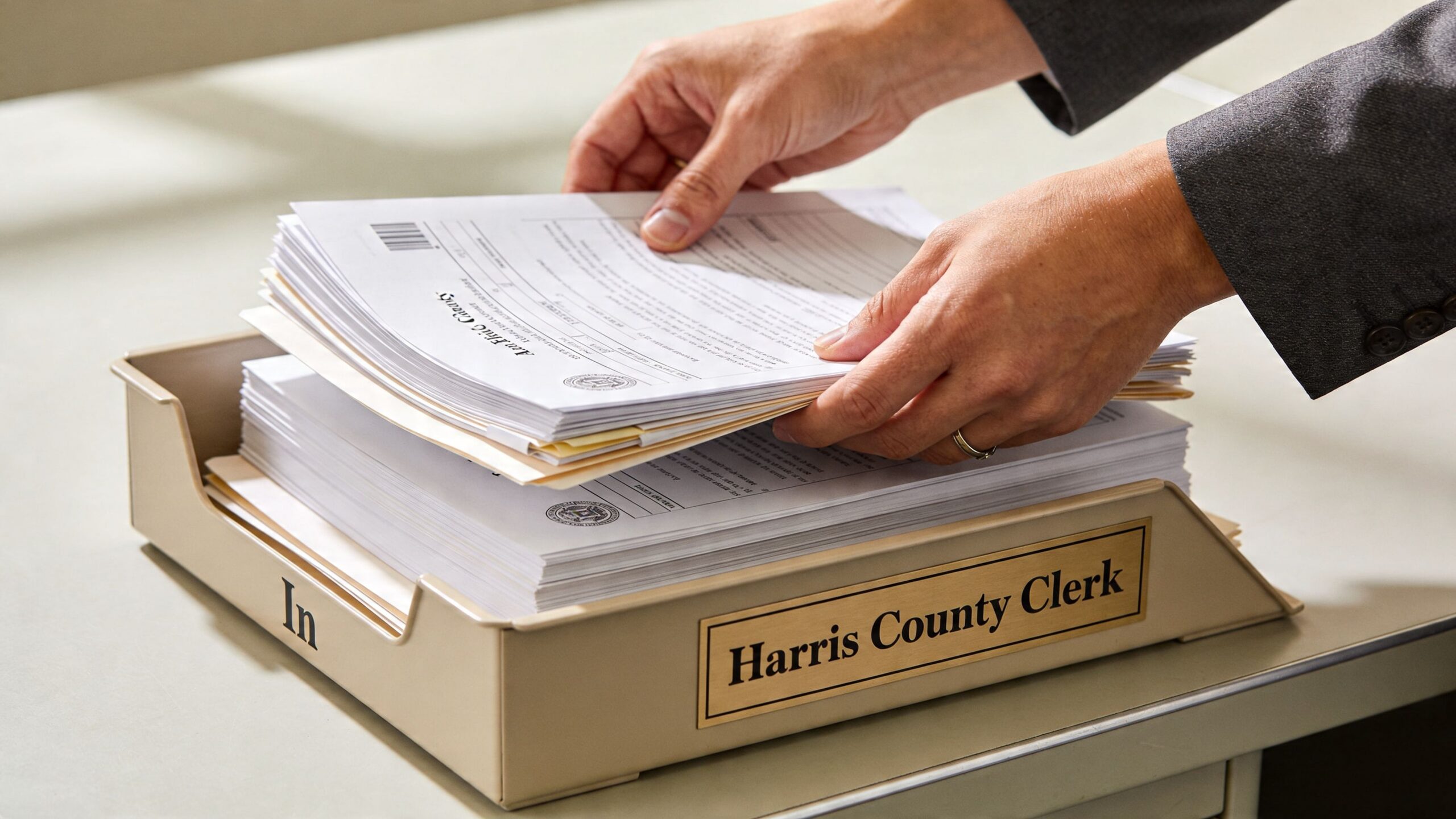 A professional processing legal documents at the Harris County Clerk office, managing paperwork in an in-tray.