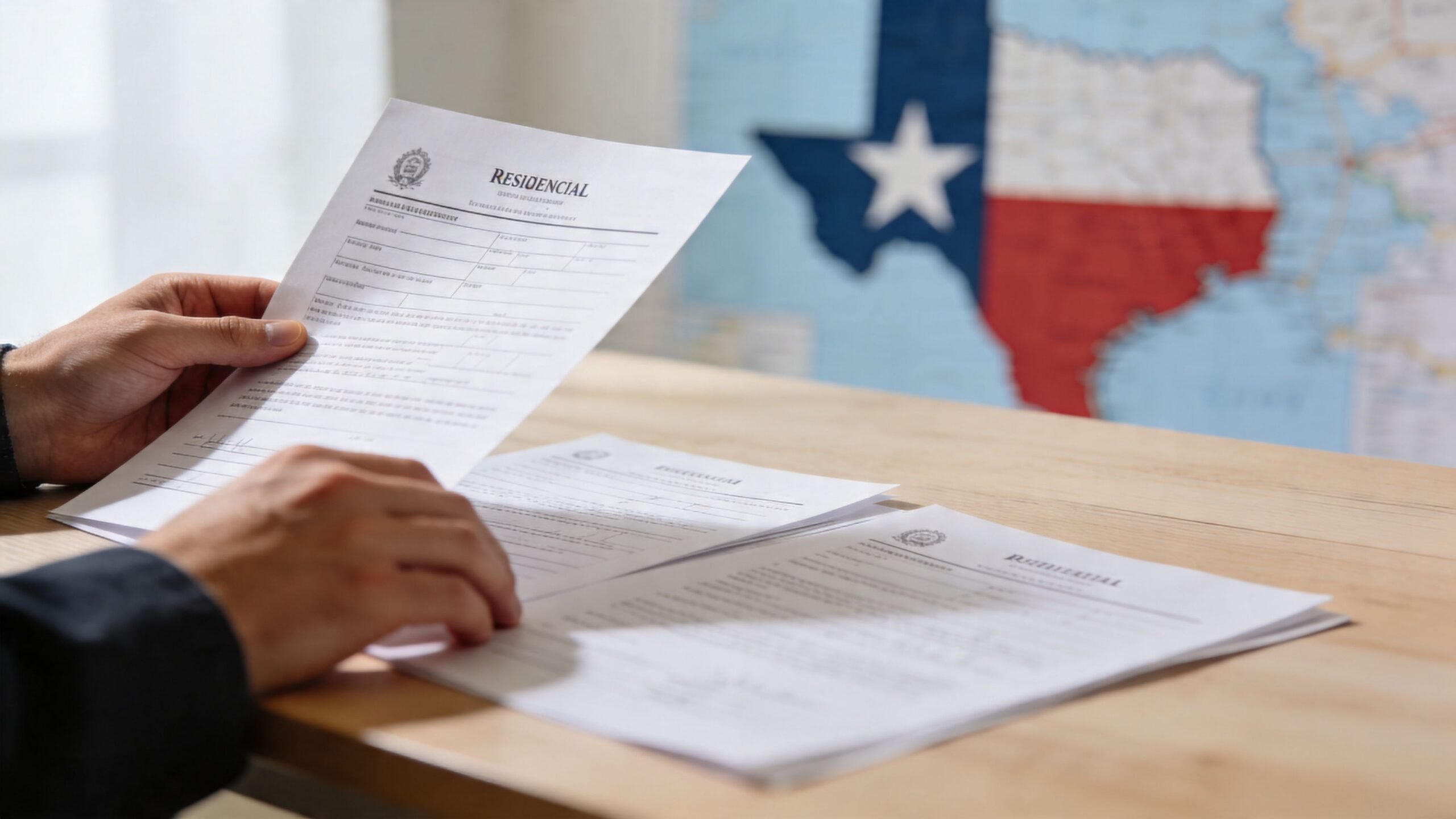 A person holding residential legal documents in front of a Texas state map at a wooden desk.