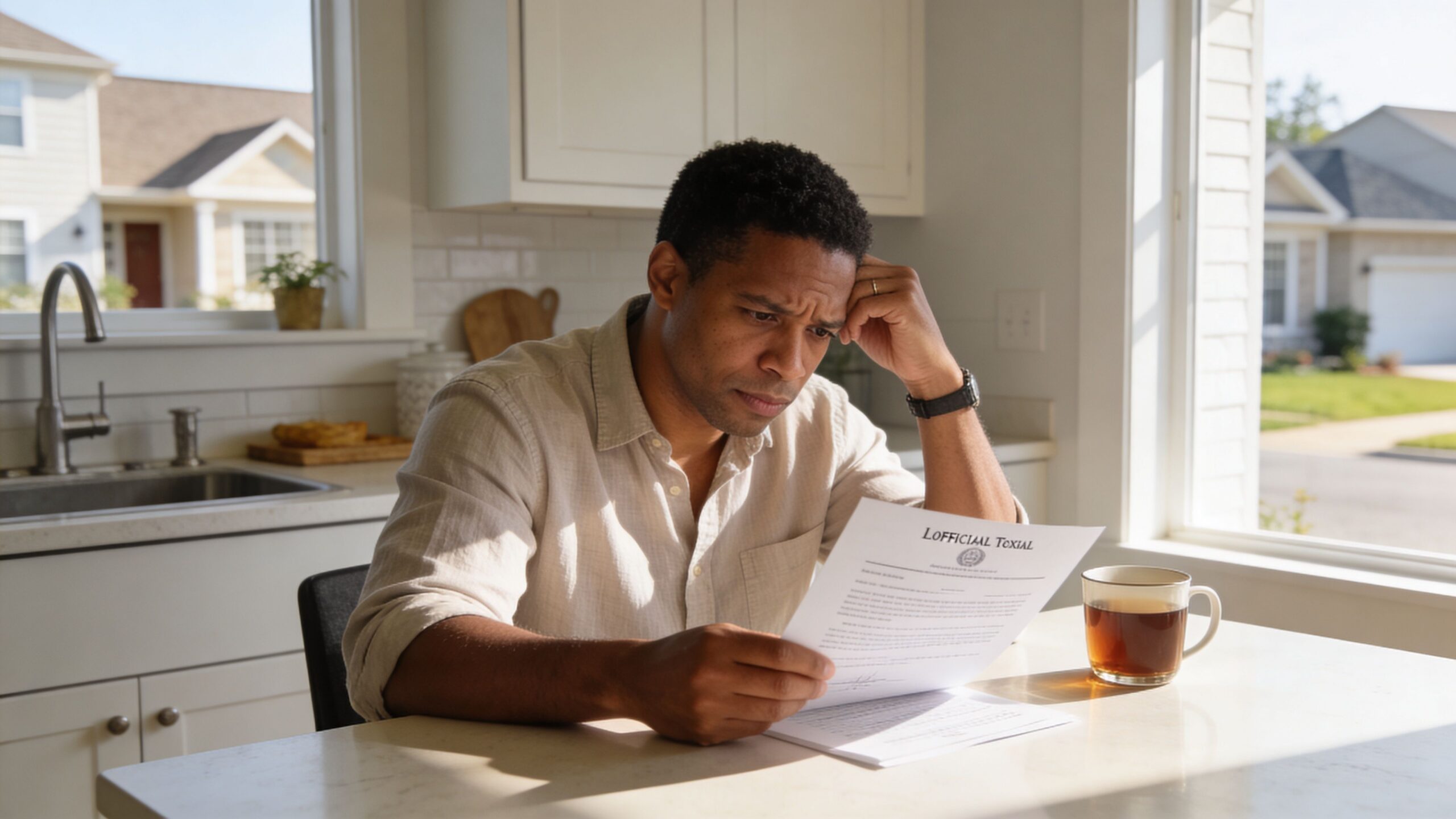 A concerned Black man sitting at a kitchen table reading an official-looking document with a mug.