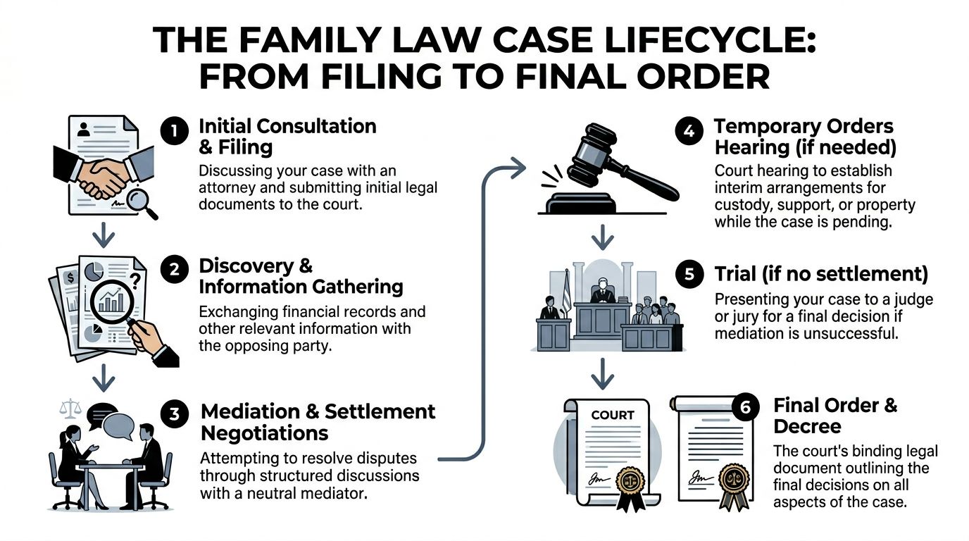 A flowchart infographic outlining the six stages of a family law case from initial filing to final order.