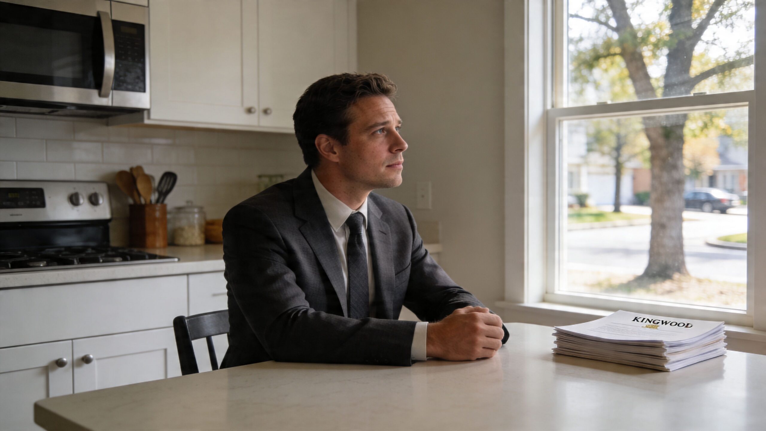A professional man in a suit sitting at a table next to a pile of documents.