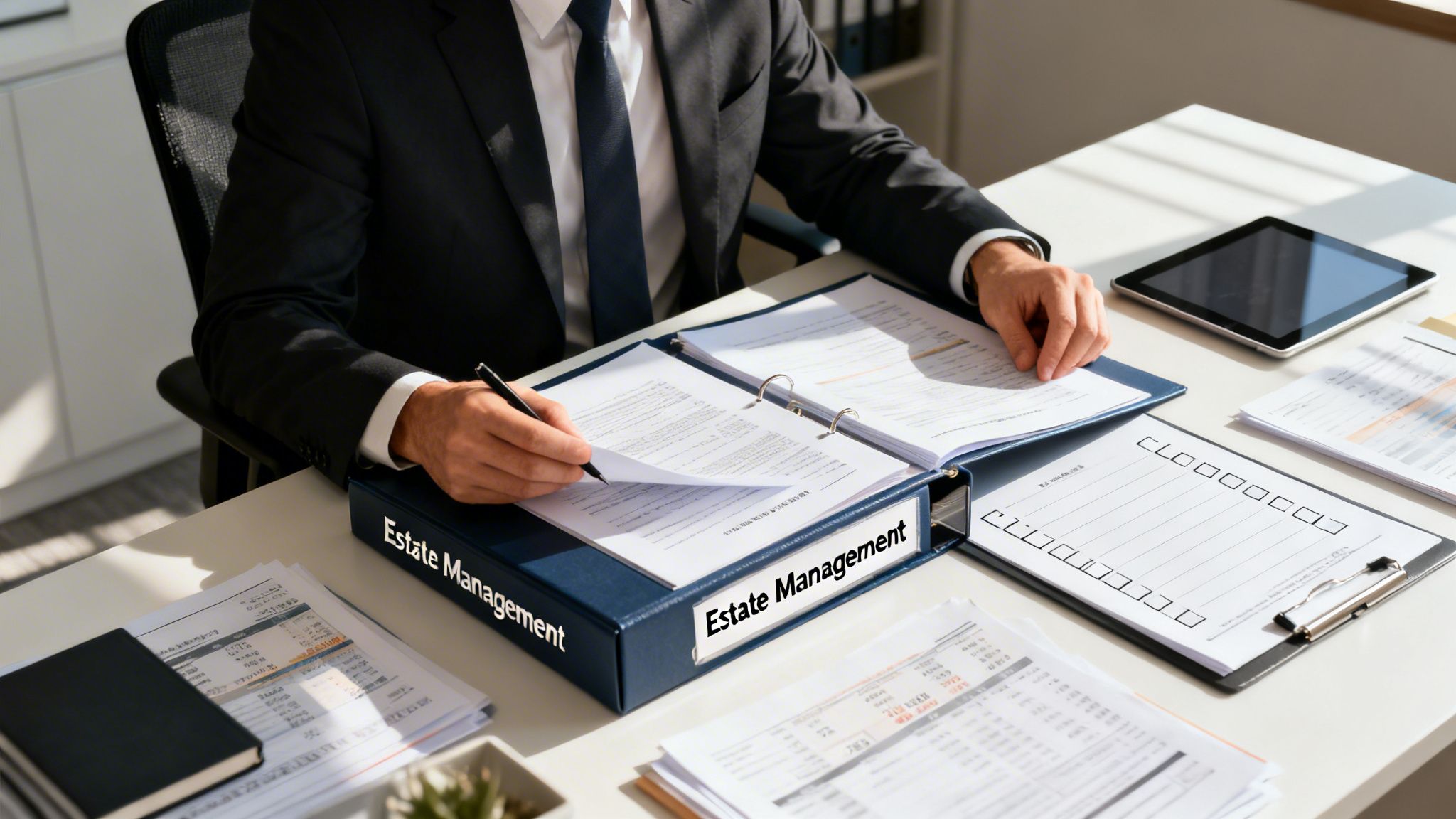 A professional man in a suit working on estate management documents at an office desk.