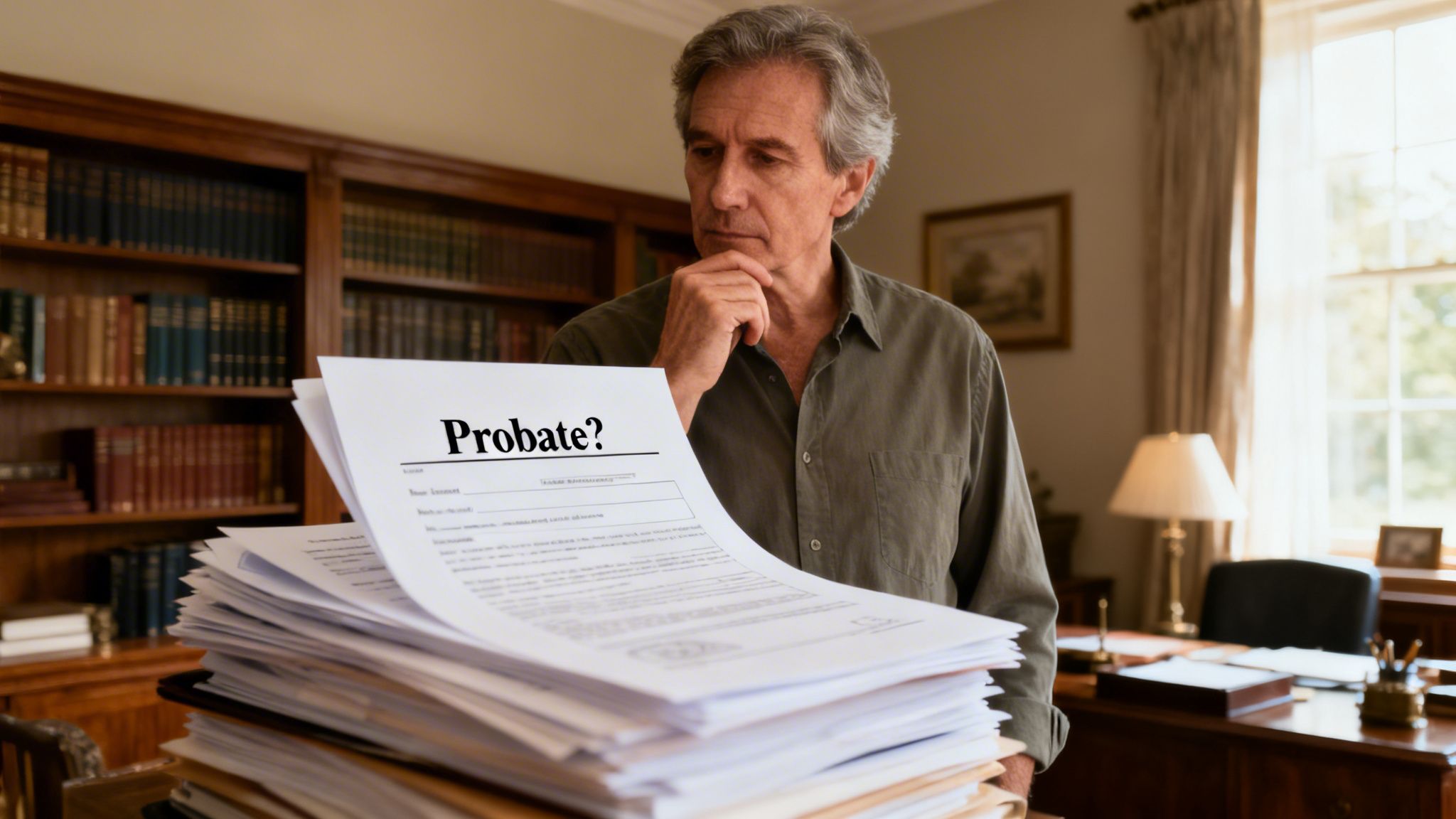 A concerned older man looking thoughtfully at a large stack of legal documents labeled with the word Probate.