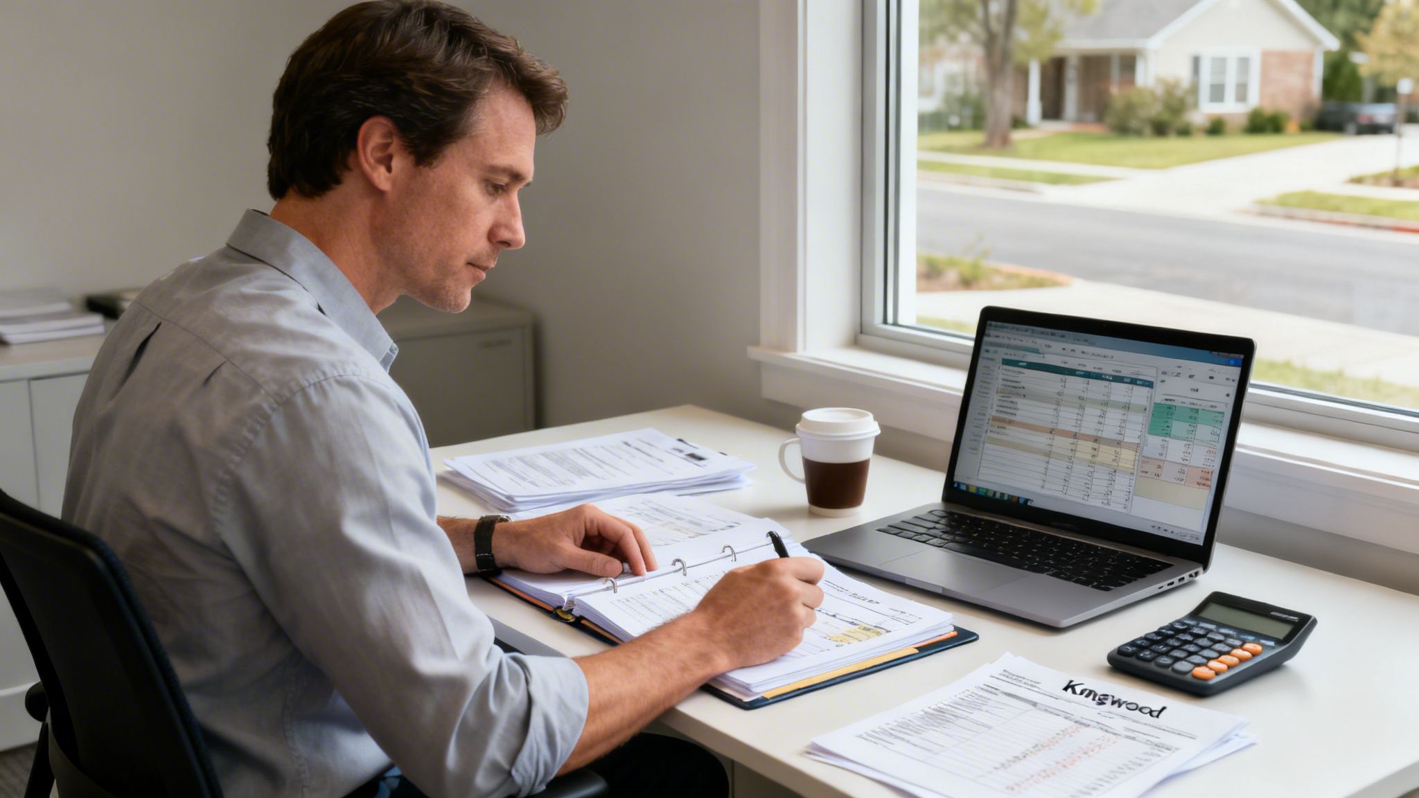 A man calculating child support in Kingwood, working at a home office desk.