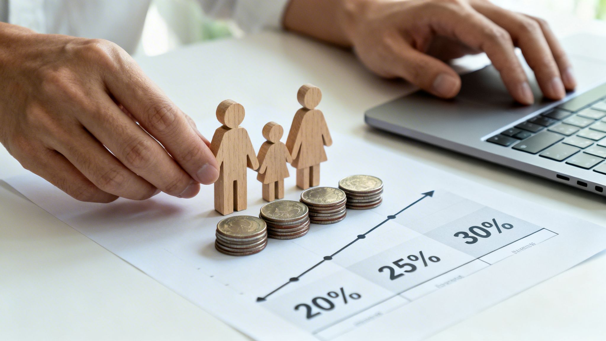 Hands arranging wooden family figures and increasing coin stacks on a financial growth chart with a laptop.