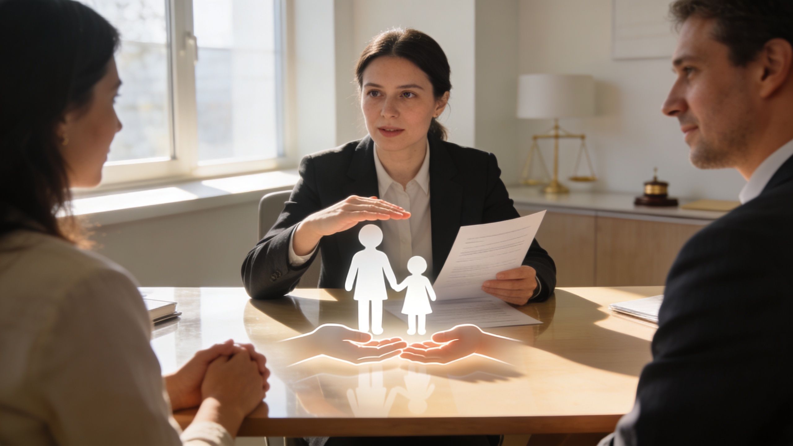 A professional child custody lawyer consulting with parents at a desk with a family protection graphic.