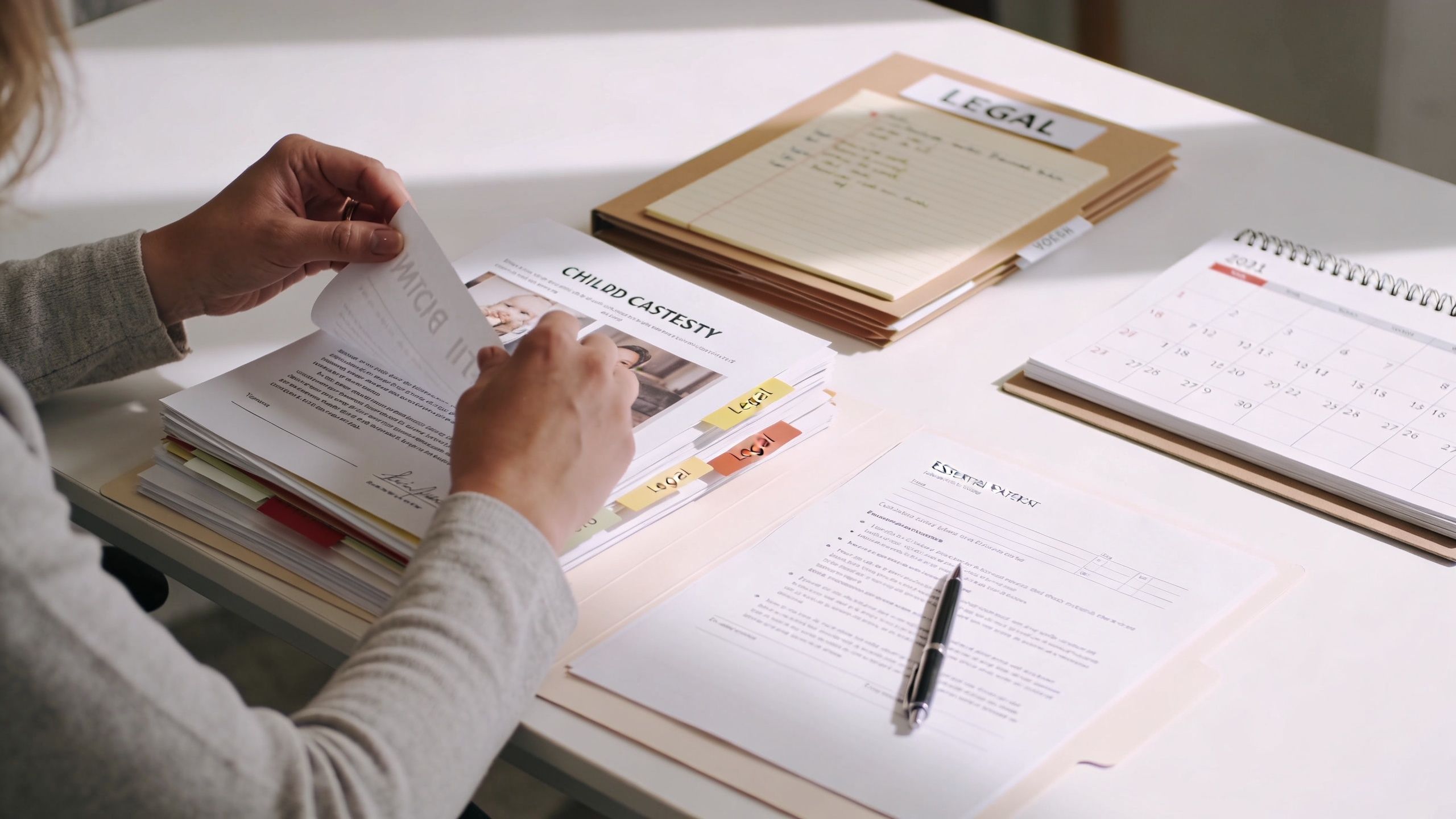 A person organizes legal documents regarding child custody in an office setting with a desk calendar nearby.