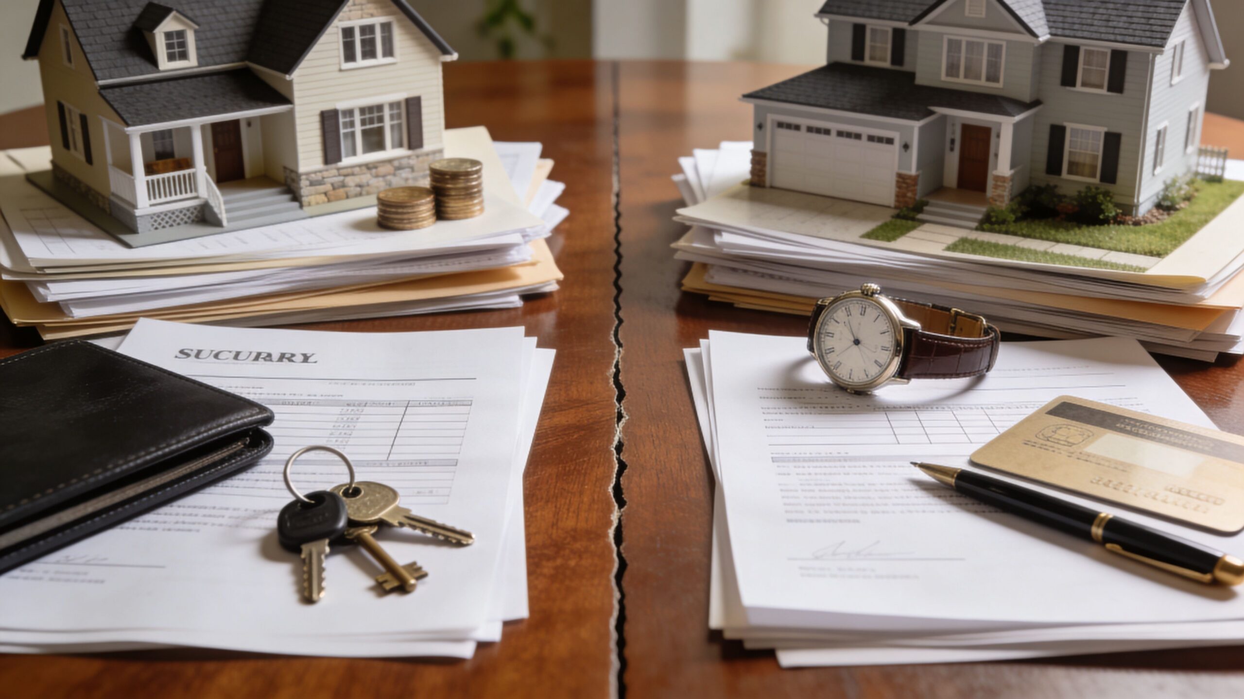 Two miniature house models representing assets divided by a crack on a wooden desk with legal documents.