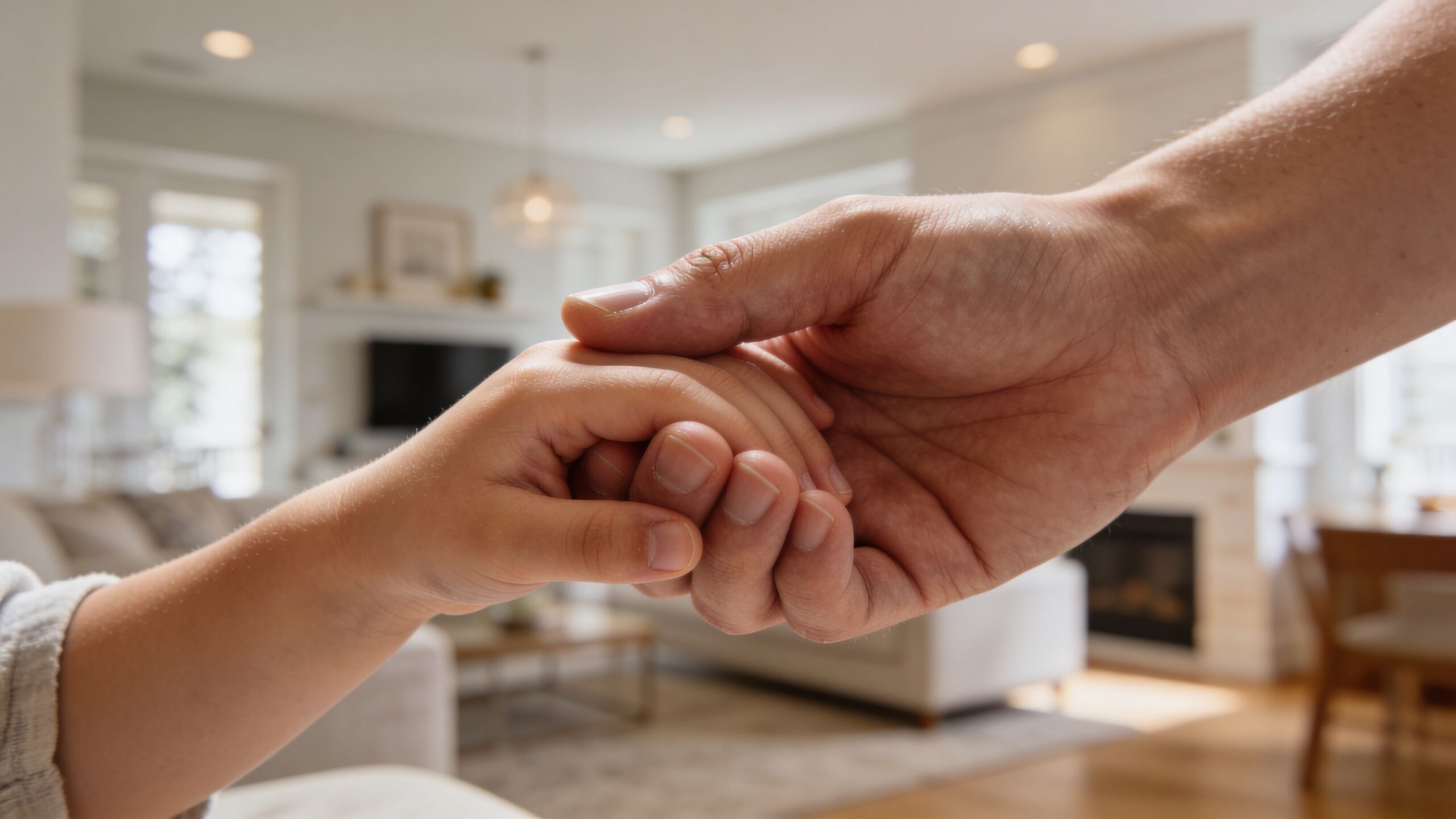 A gentle close-up of a child holding an adult's hand in a warm, comfortable living room setting.