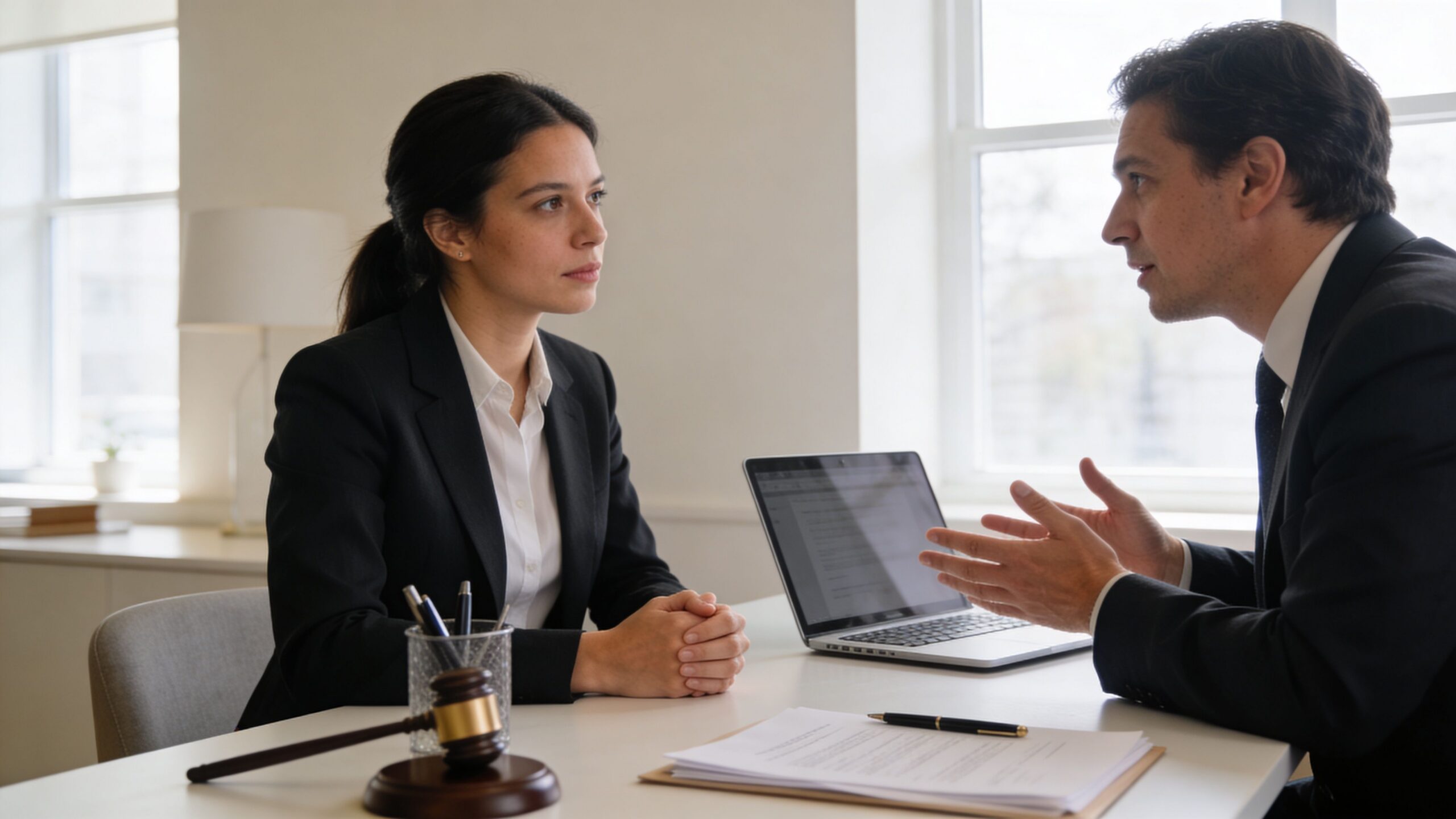 A professional man and woman having a legal consultation at a desk with a gavel and documents.