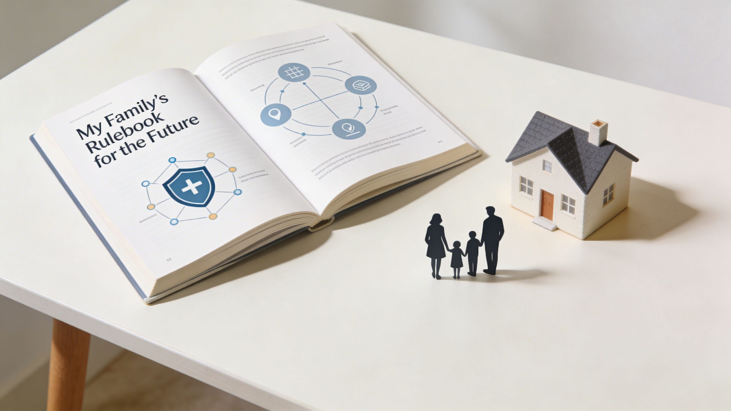 A book about family estate planning with a model house and a paper cutout of a family.