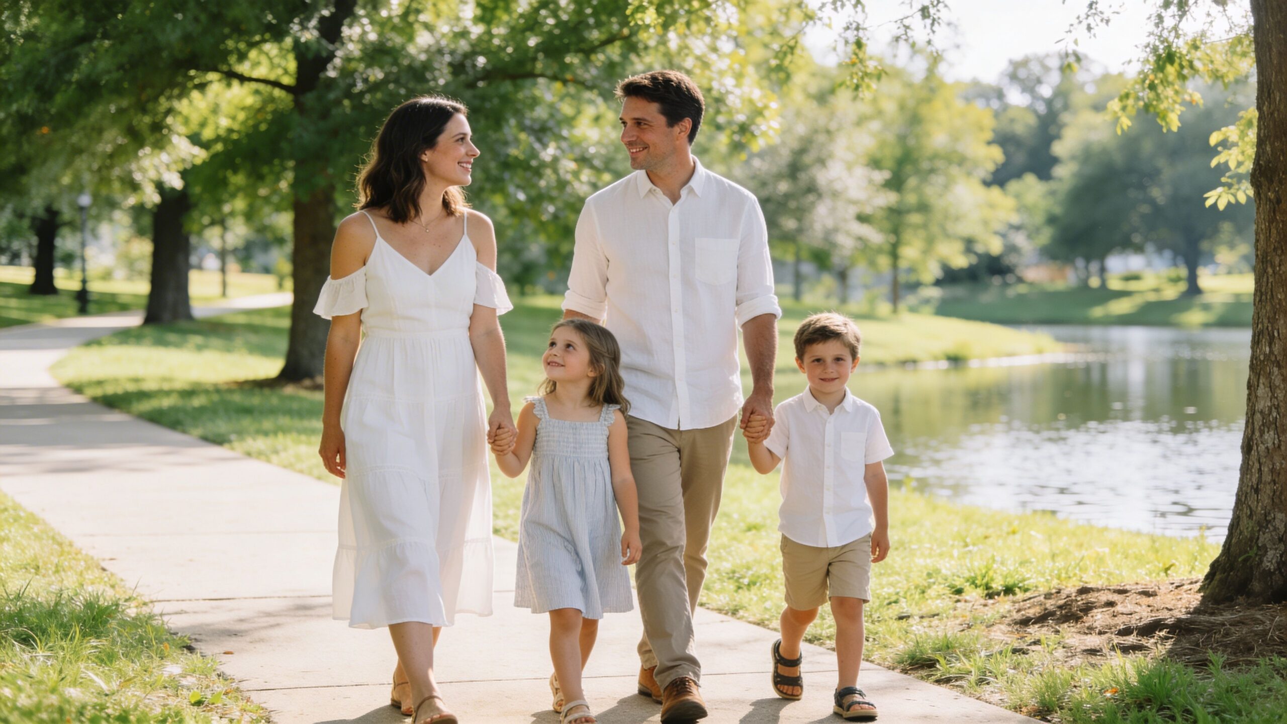 A happy family of four walking along a paved park path near a pond on a sunny day.