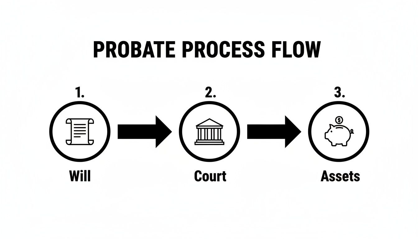 Flowchart illustrating the three-step probate process: Will, Court, and Assets with icons.