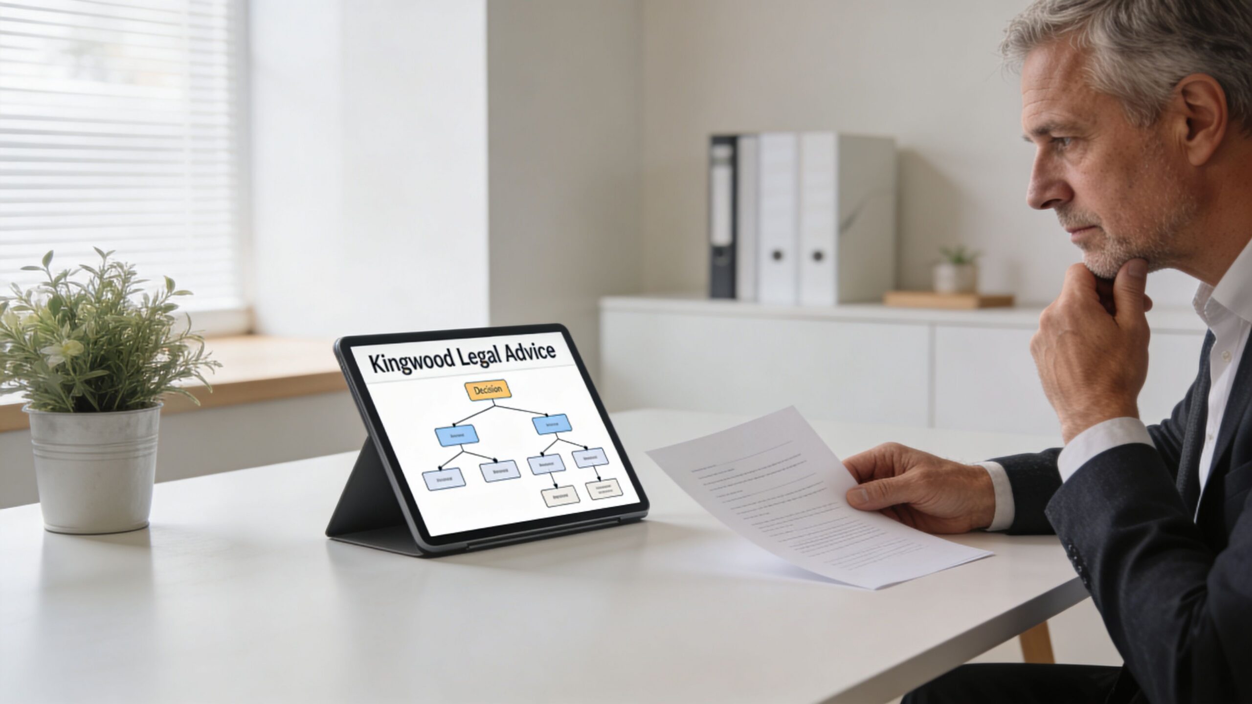 A professional attorney reviews legal documents while viewing a decision flowchart on a digital tablet screen.