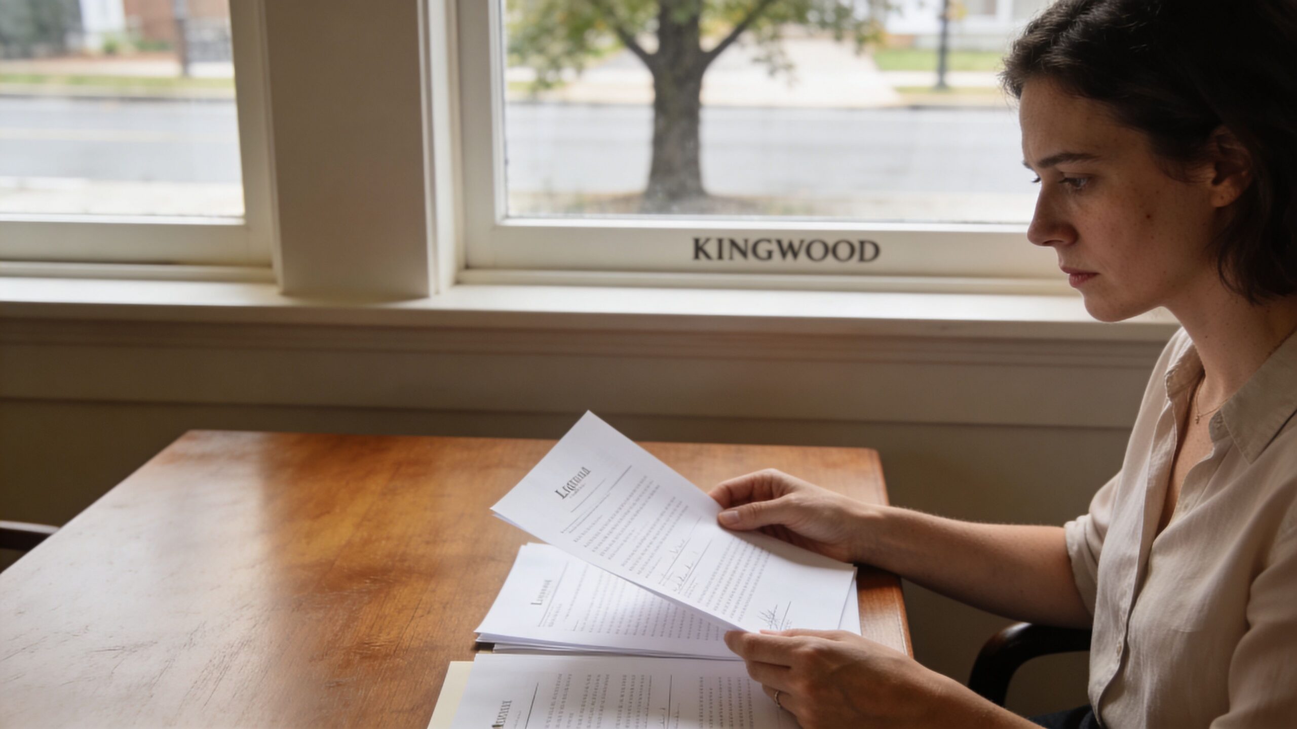 A professional woman reviews legal documents in an office setting with a view of Kingwood outside.
