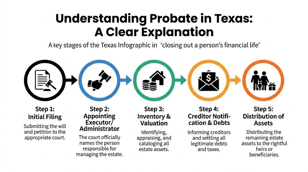 A five-step infographic explaining the Texas probate process for closing out a deceased person's financial estate.