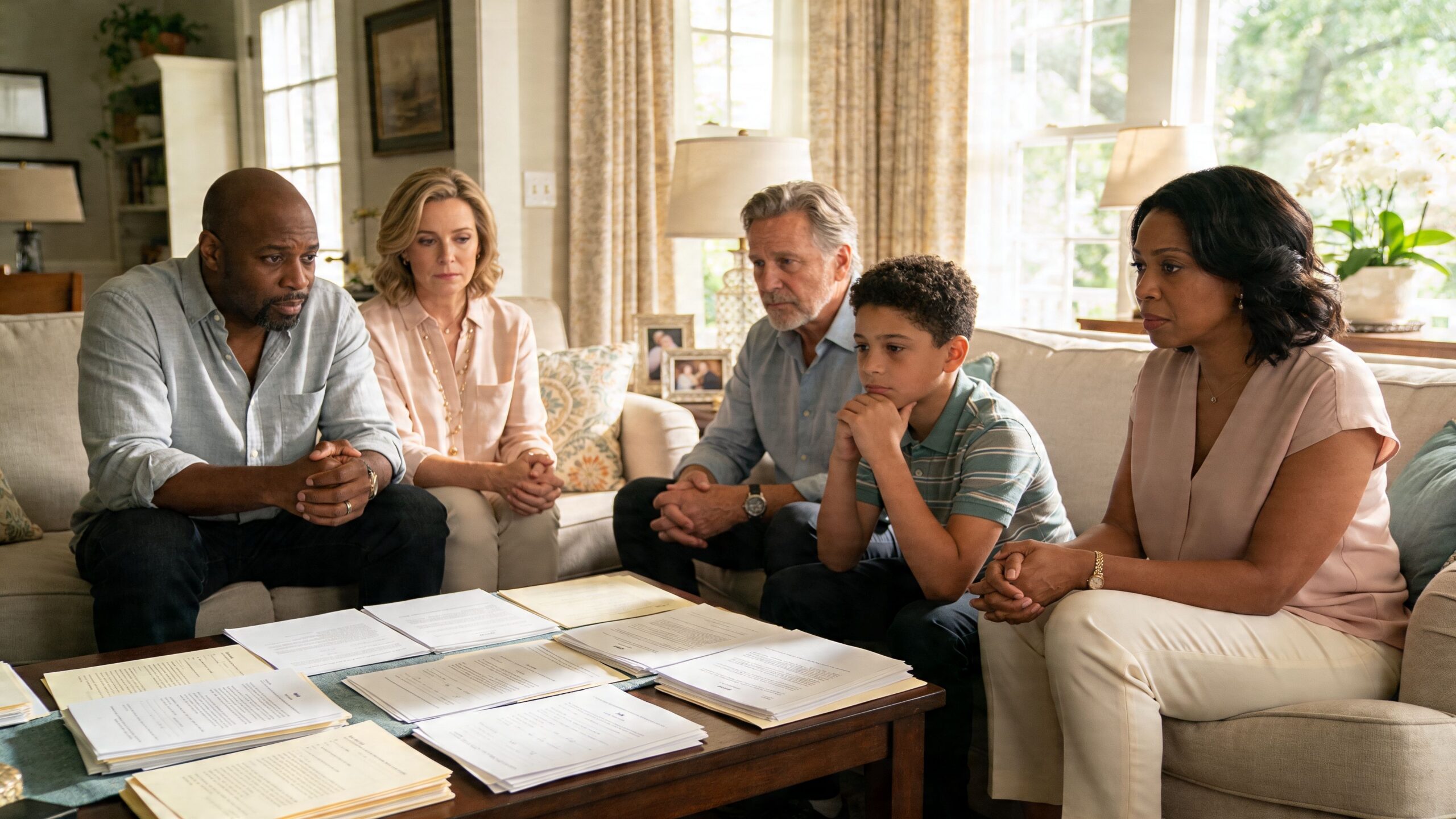 A diverse family sitting on a couch in a living room reviewing legal documents with an attorney.