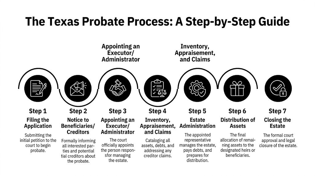 A step-by-step infographic titled The Texas Probate Process outlining seven stages of estate legal procedures.
