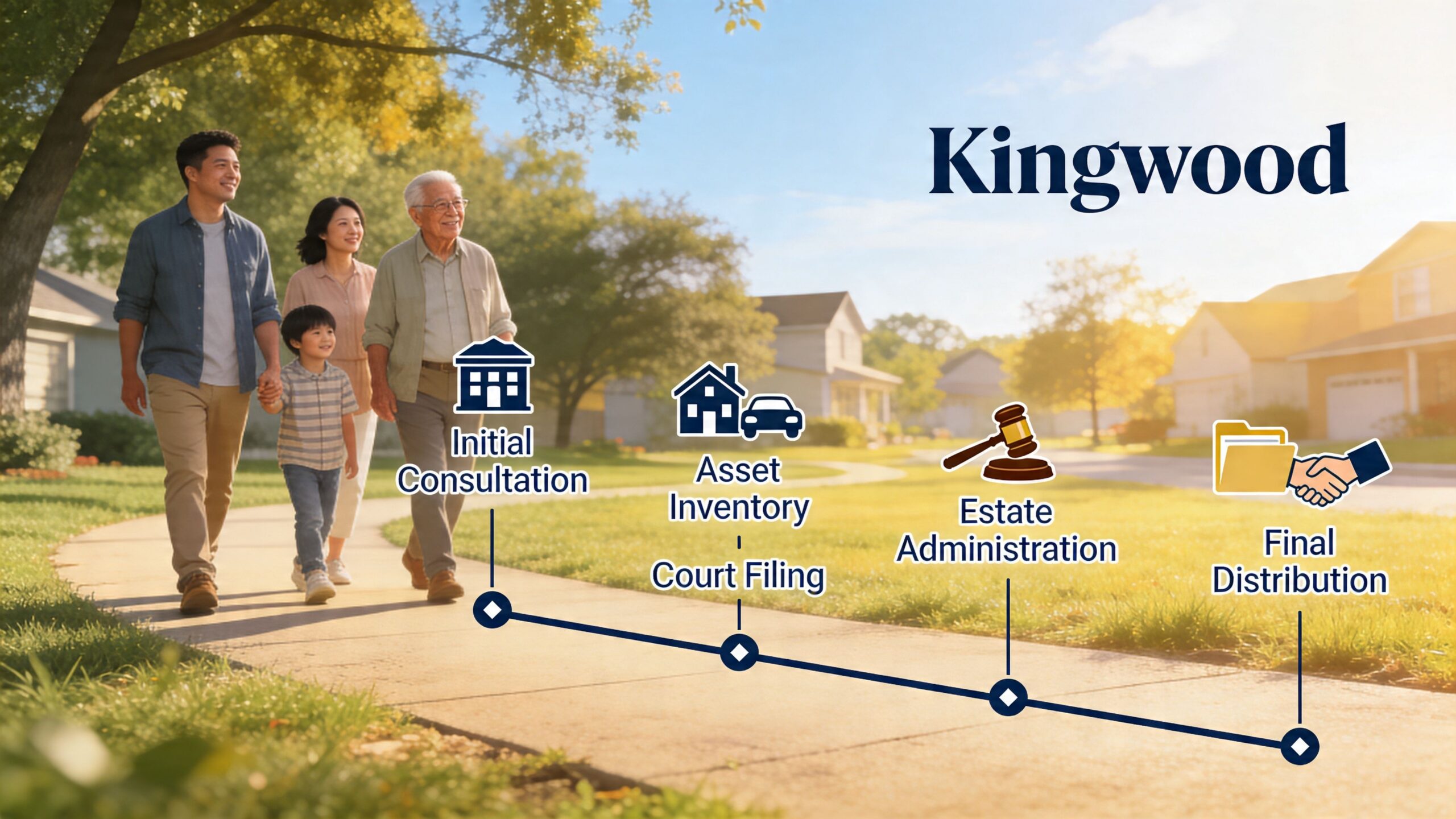 A multi-generational family walking together on a sunny path, illustrating the probate estate administration process.