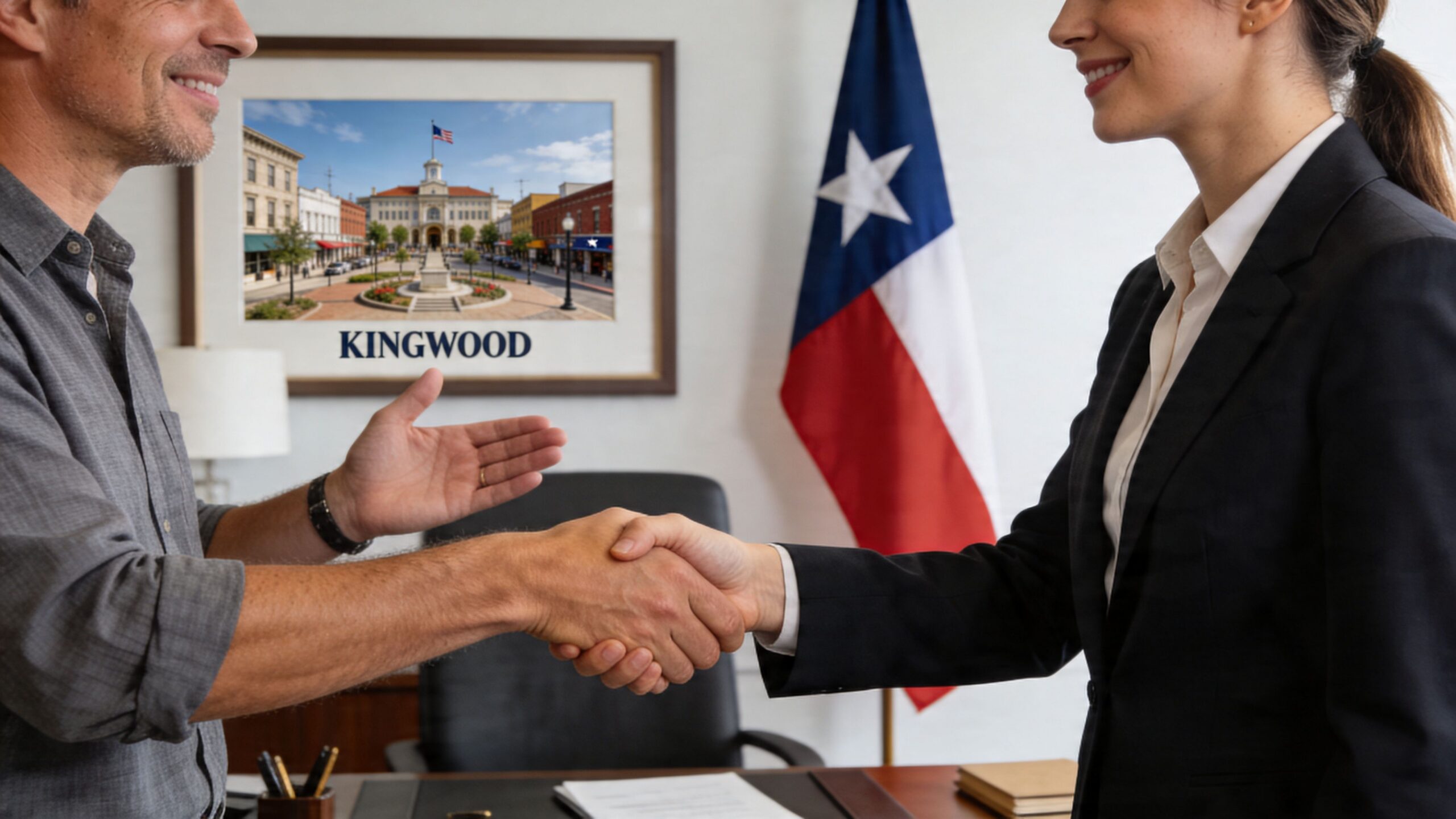 A professional man and woman shaking hands in a Kingwood, Texas office setting with a Texas flag.