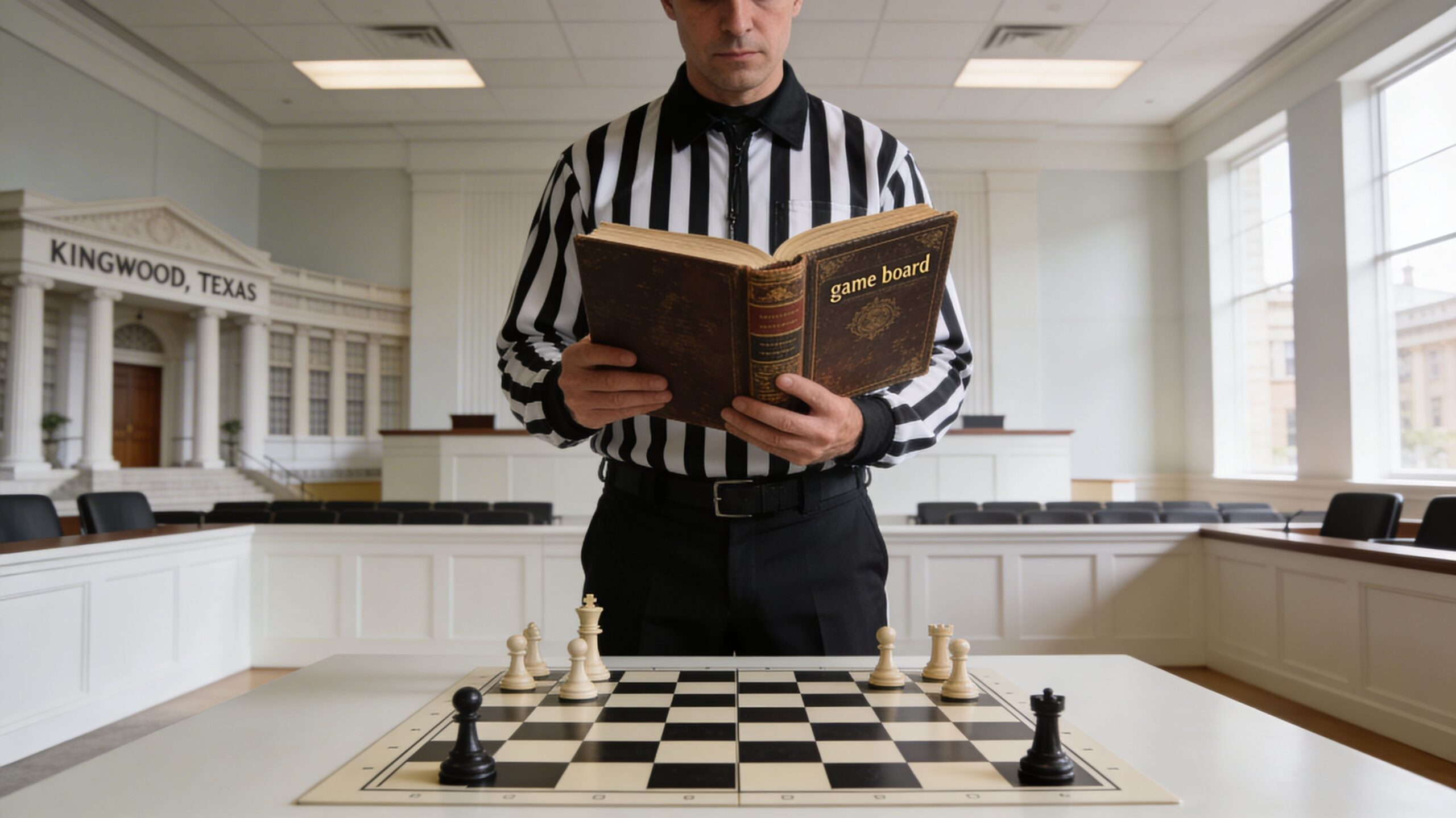 A referee standing in a courtroom in Kingwood, Texas, reading a book titled game board over chess.