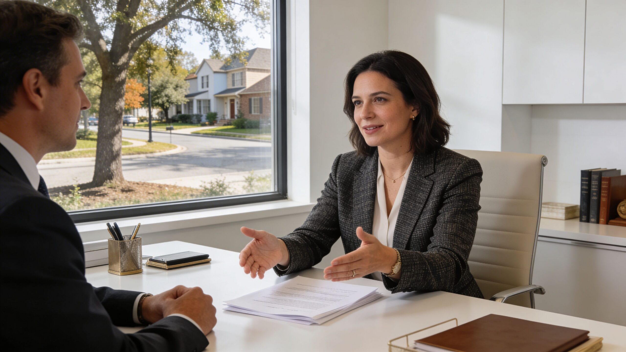 A professional woman in a suit consults with a client in an office for probate legal services.