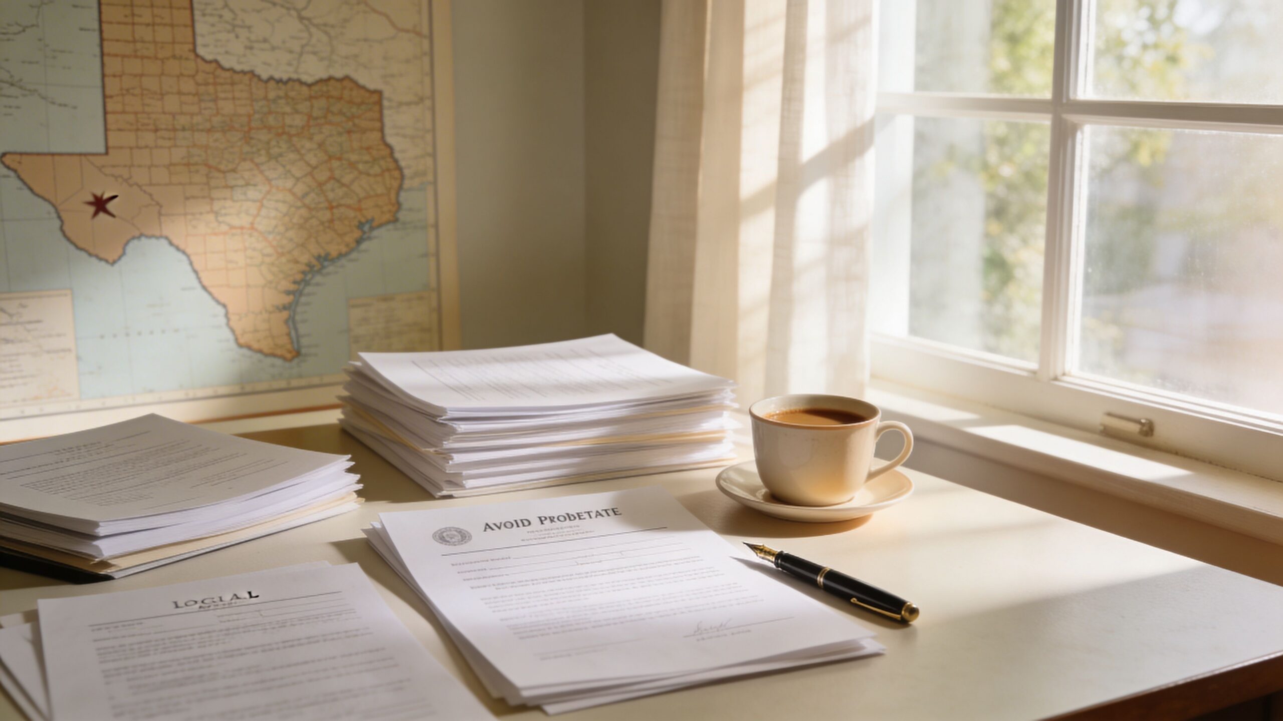 A stack of legal documents labeled Avoid Probetate sits on a desk next to a coffee cup.