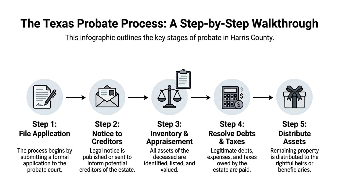 A diagram illustrating the five key stages of the Texas probate process for settling an estate.