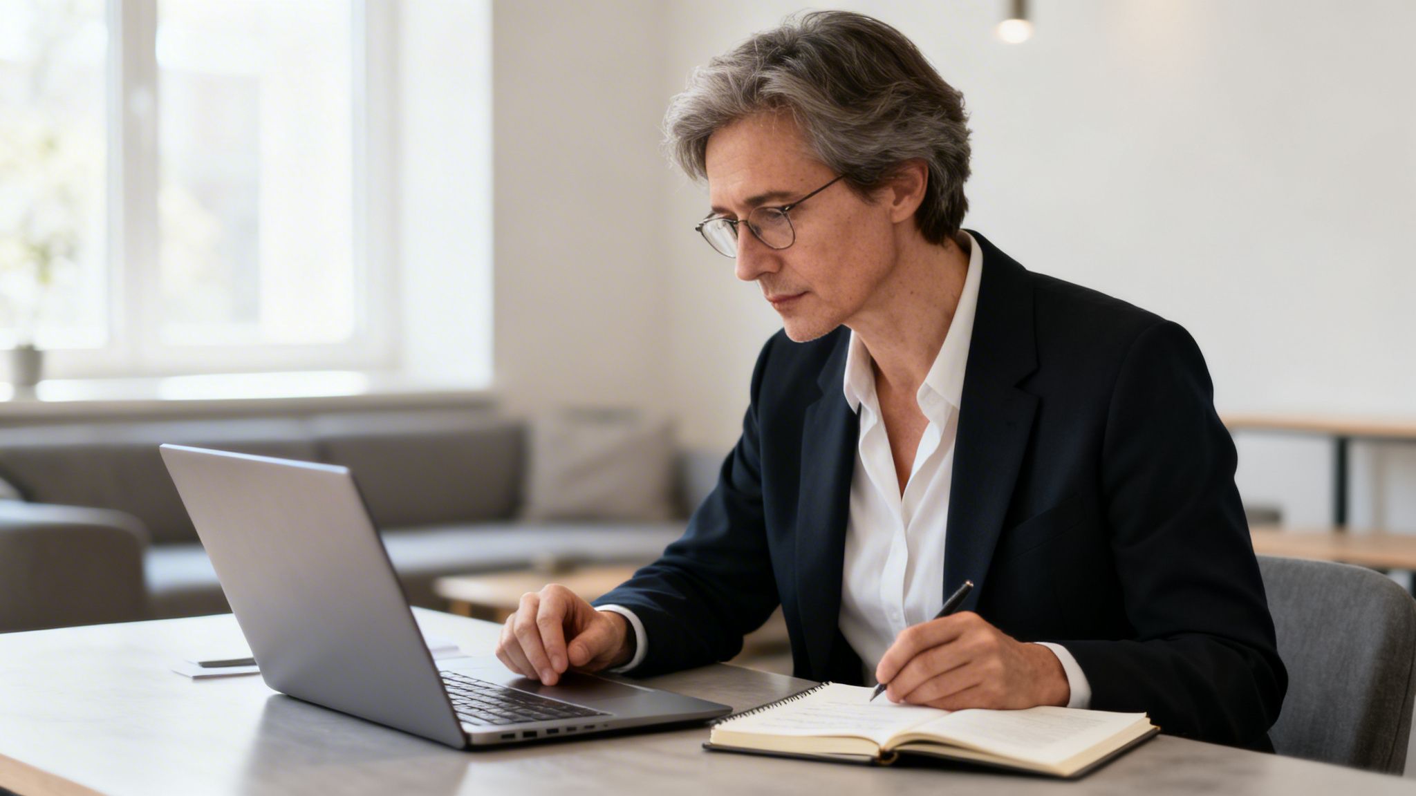 A professional lawyer with gray hair writing in a notebook while working on a laptop at desk.