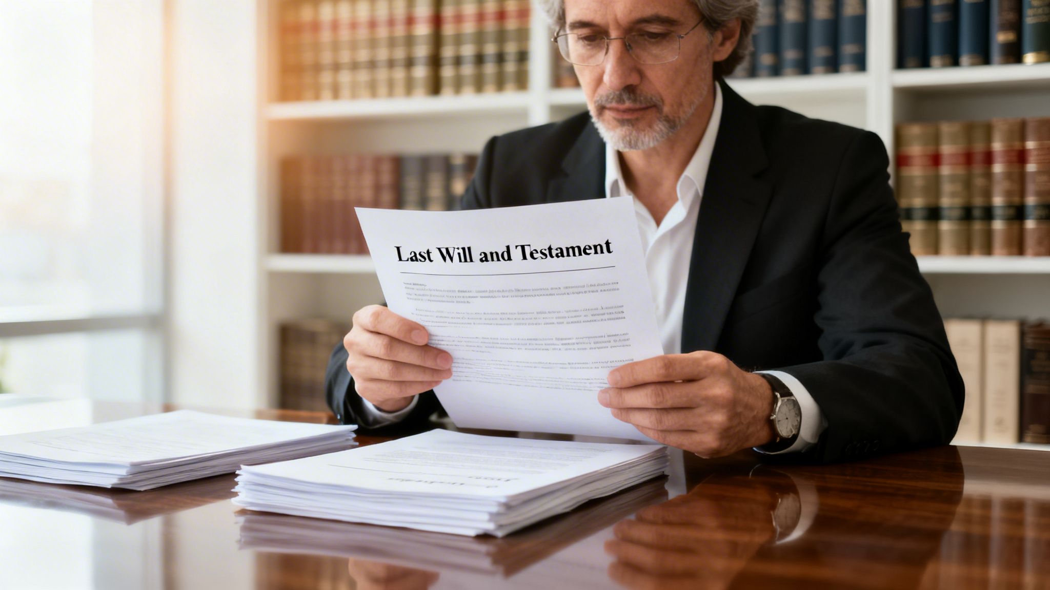 A professional probate lawyer sitting at a desk reviewing a Last Will and Testament document.
