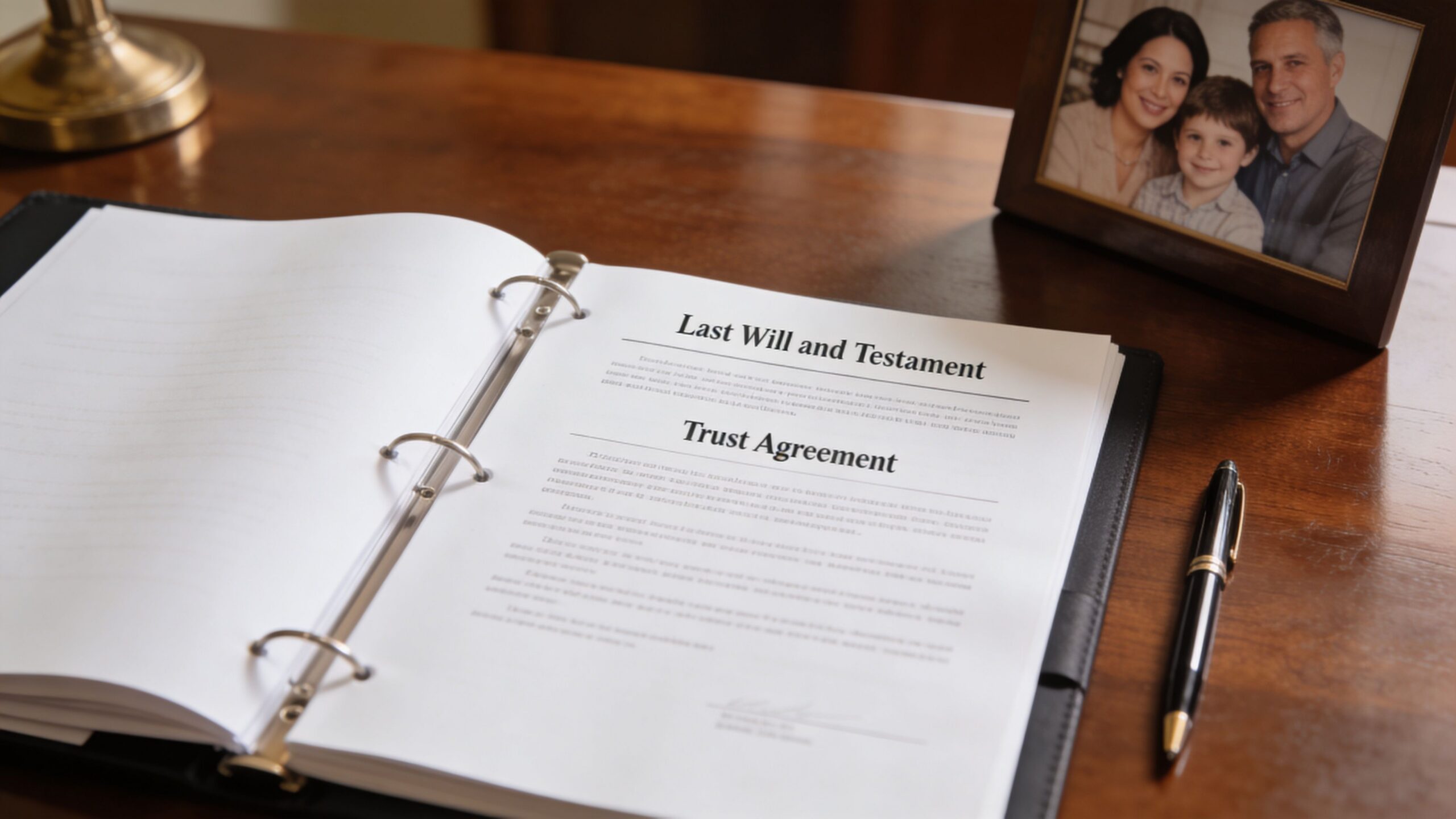 A binder with legal documents labeled Last Will and Testament and Trust Agreement resting on a wooden desk.