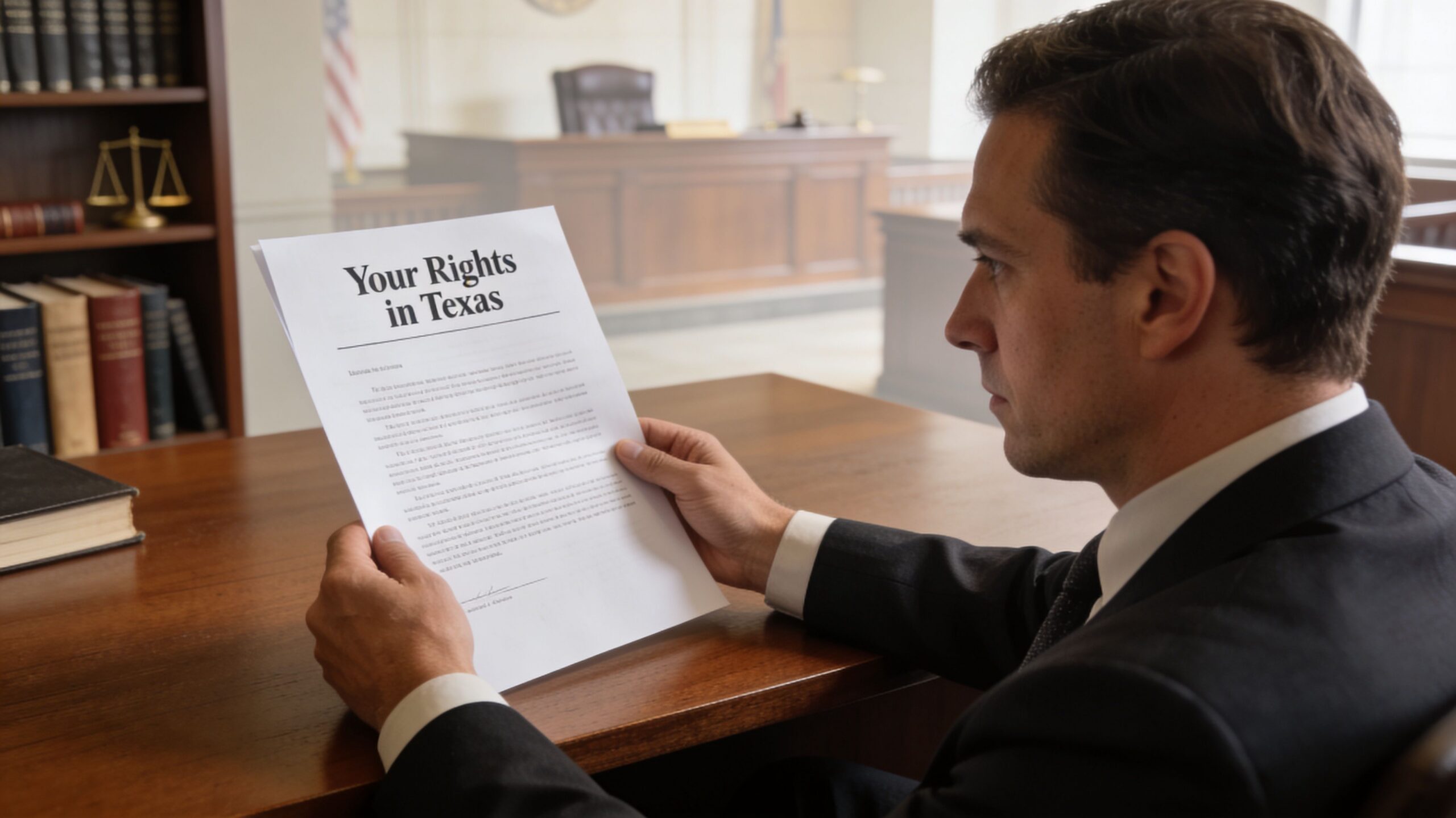 A professional man in a suit reads a document titled Your Rights in Texas in a courtroom.
