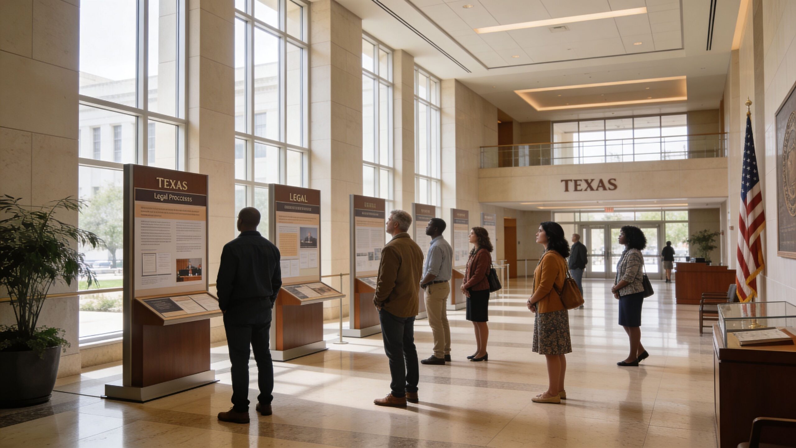 A group of people standing in a sunlit hall reading educational exhibit boards about Texas legal history.