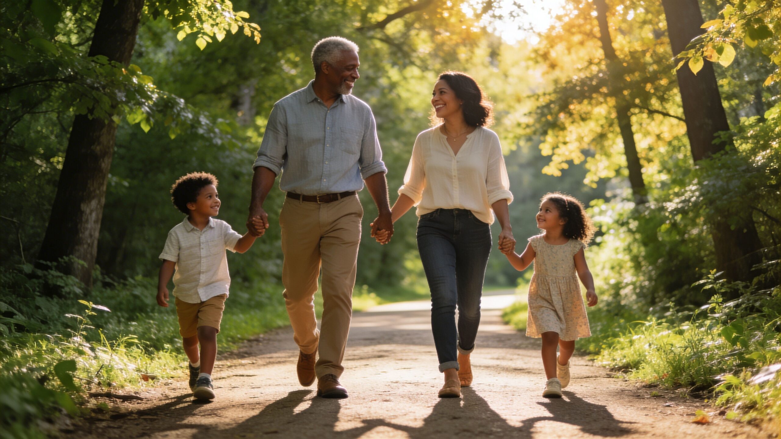 A happy African American family walking hand in hand together along a path in a sunlit forest.