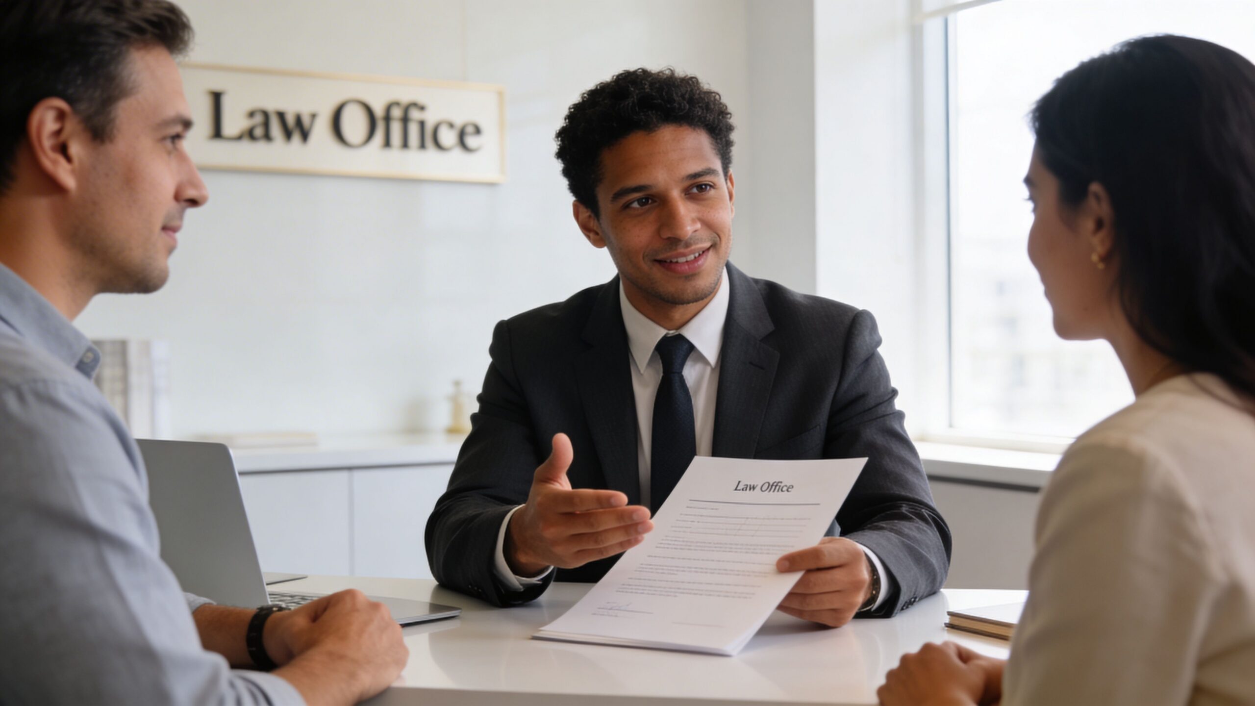 A professional trust attorney in Kingwood explains legal documents to a couple during a law office consultation.