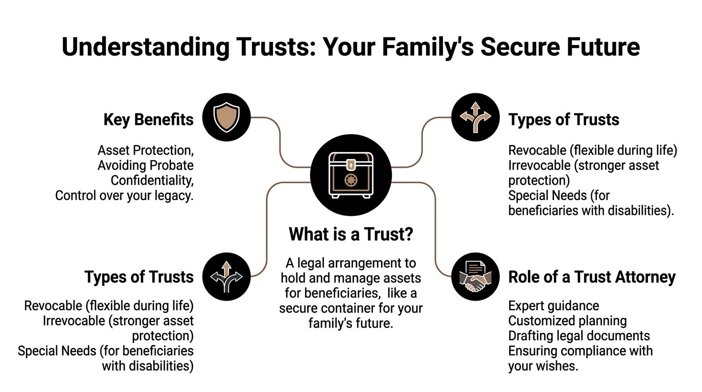 An infographic titled Understanding Trusts explaining the benefits, types, and legal roles of family trusts.