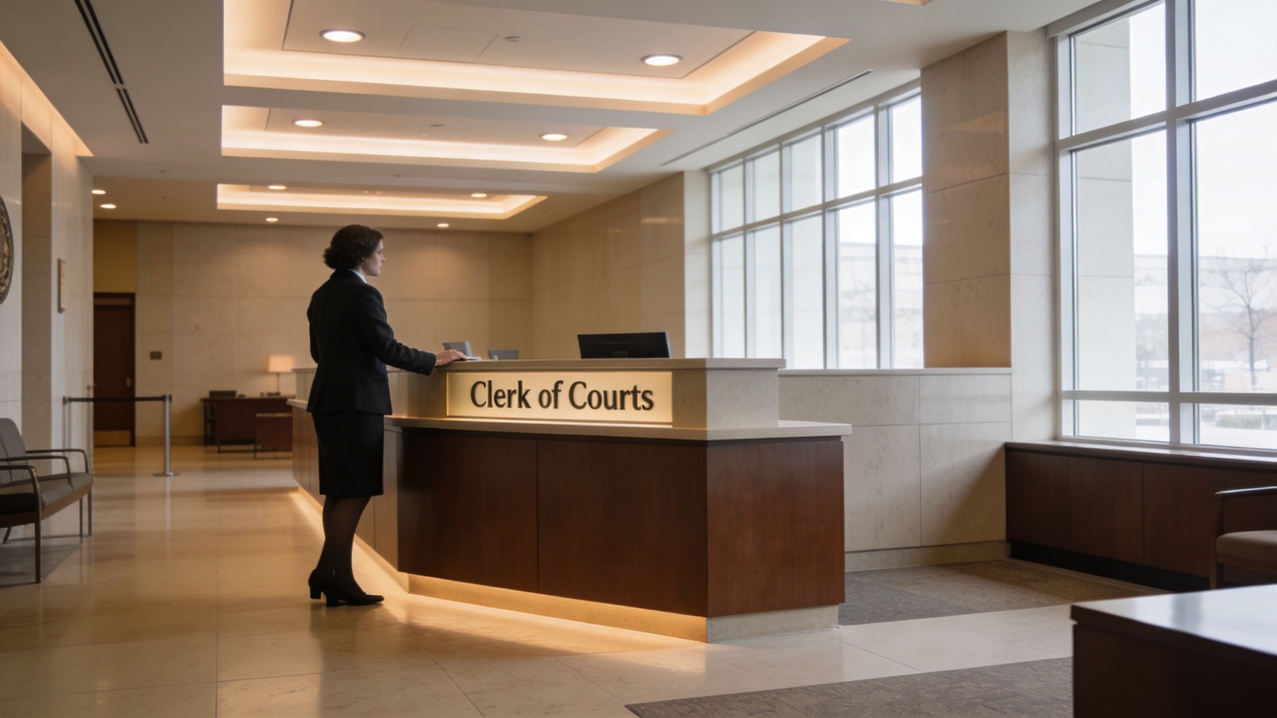 A professional woman standing at the Clerk of Courts reception desk in a modern government building.