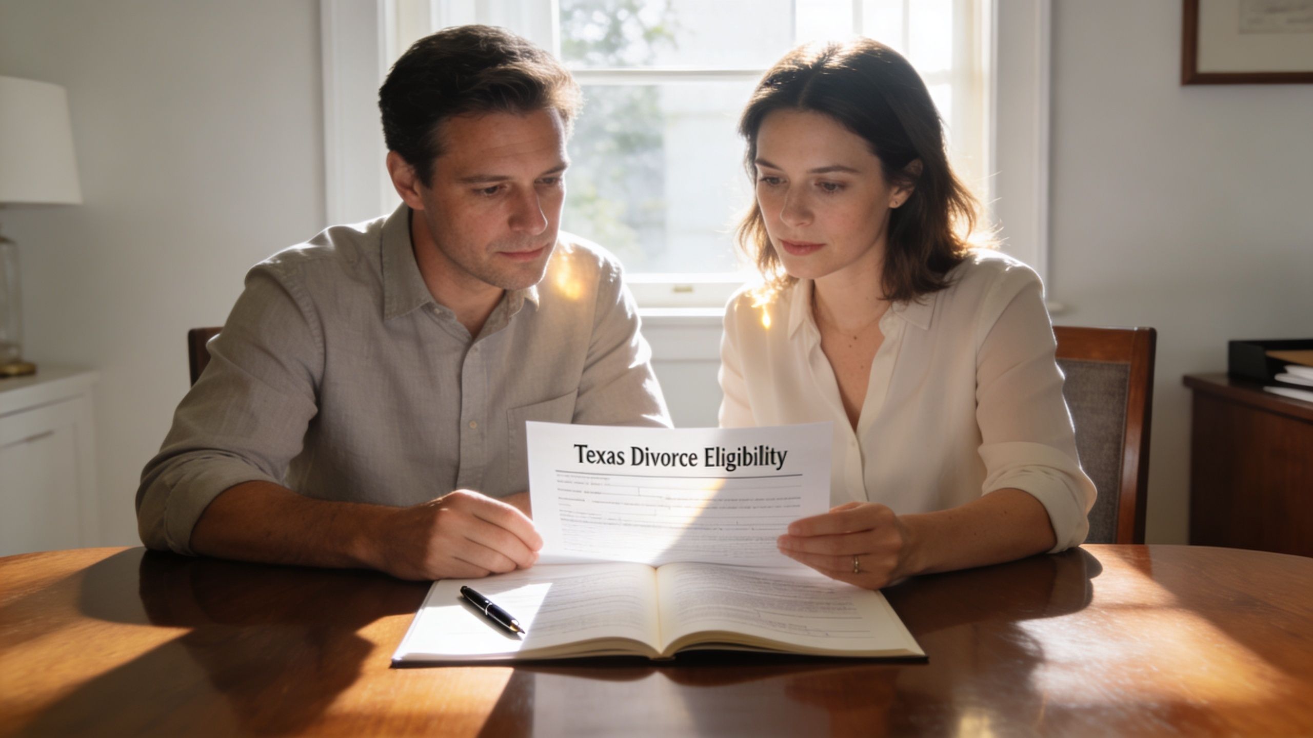 A couple sitting at a wooden table looking at Texas divorce eligibility paperwork together.
