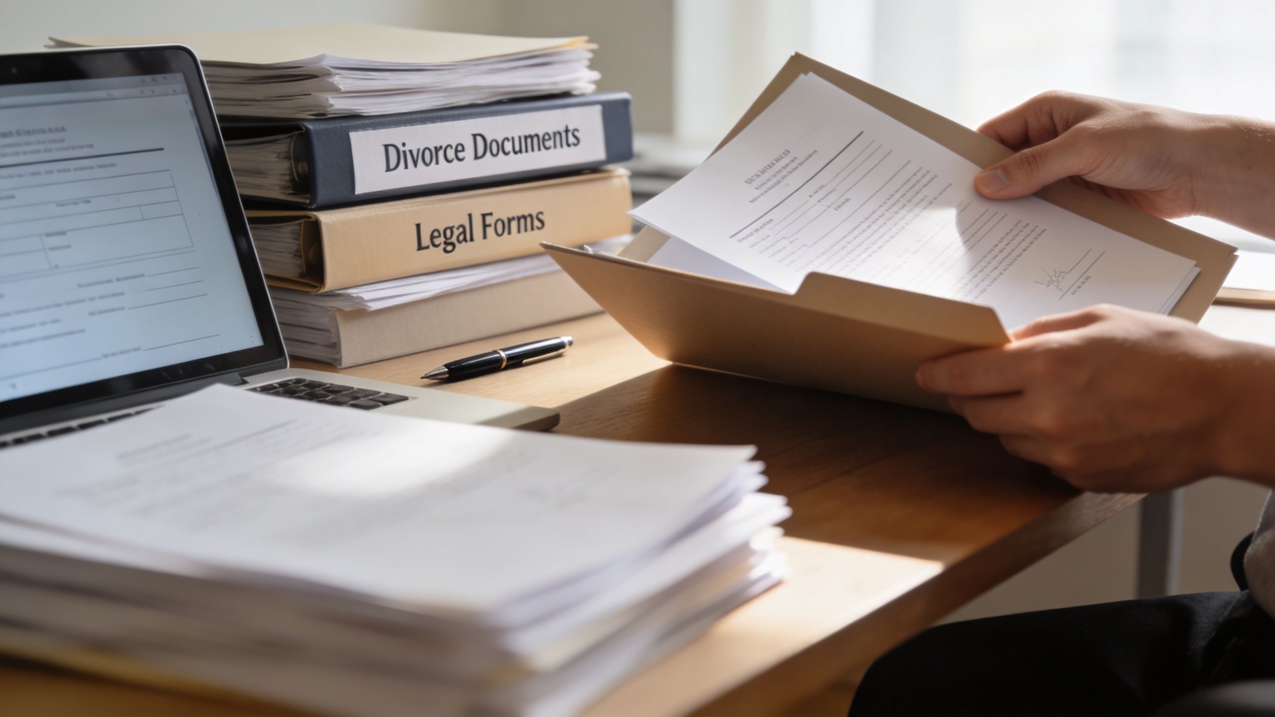 A person reviewing legal paperwork for an uncontested divorce at a tidy office desk with documents.