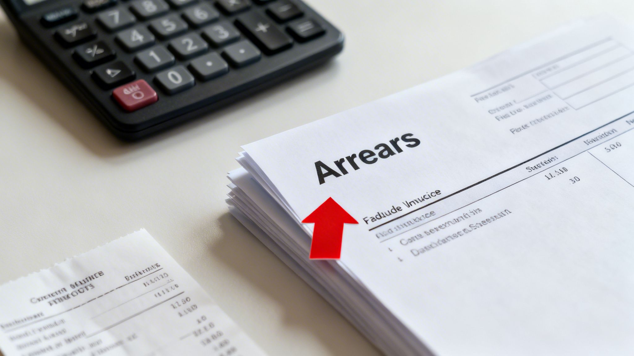 Stack of 'Arrears' documents with a red arrow and calculator, signifying overdue payments.