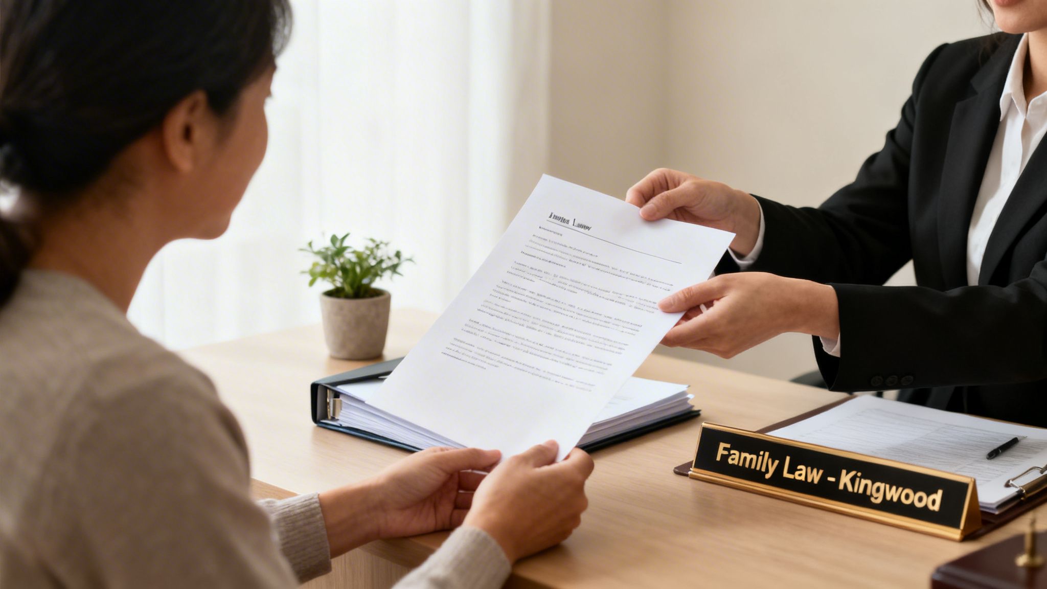 A family law lawyer hands an intention letter to a client during a consultation in Kingwood.