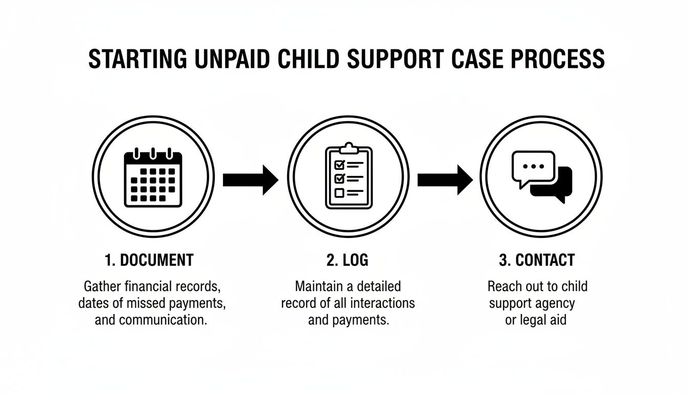 Infographic showing a three-step process for starting an unpaid child support case: Document, Log, Contact.